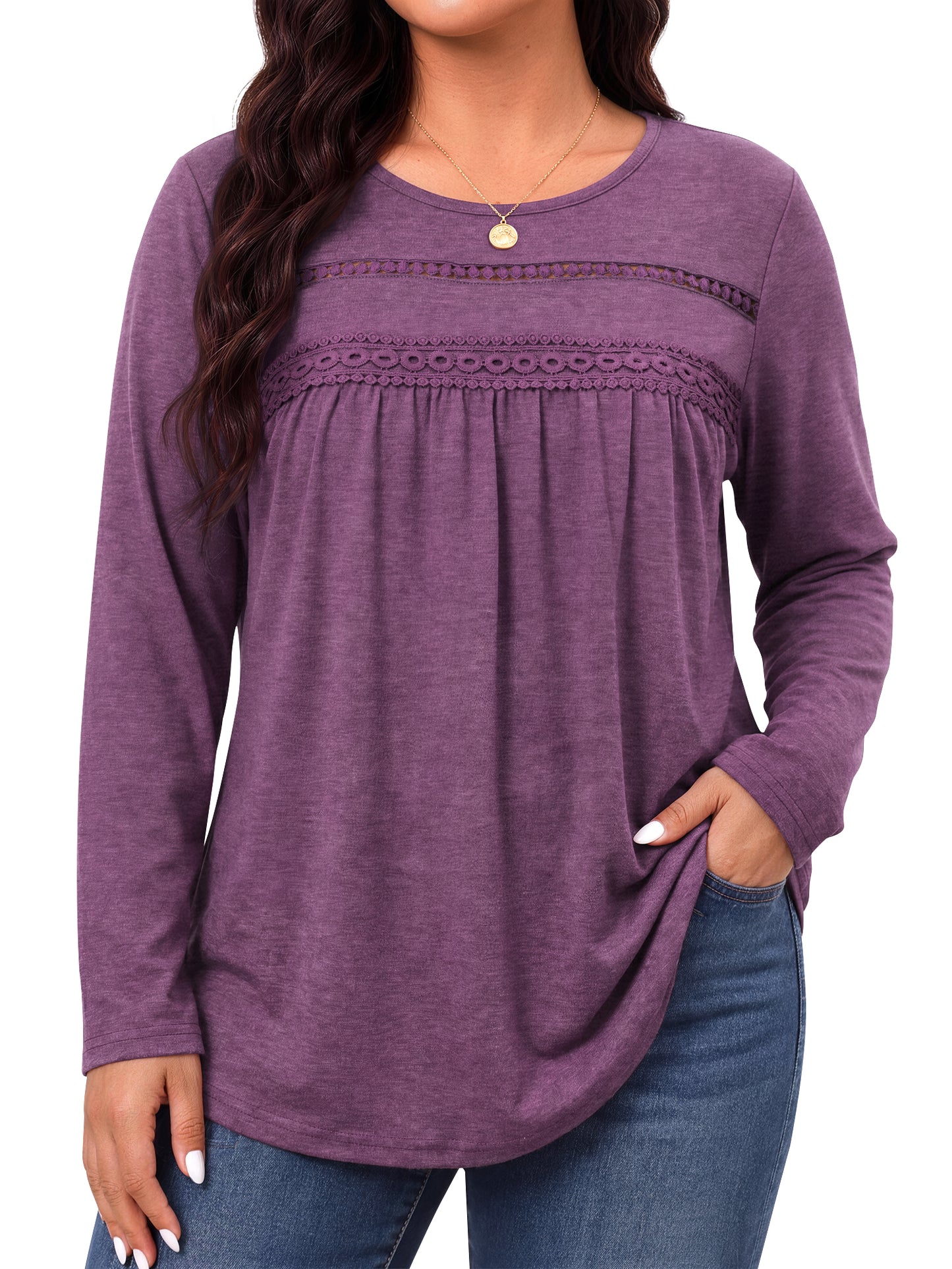 WellSize Plus Size Women Blouses Lace Long Sleeve Boho Tops Crew Neck Fall Shirts Trendy Tunic Blouses