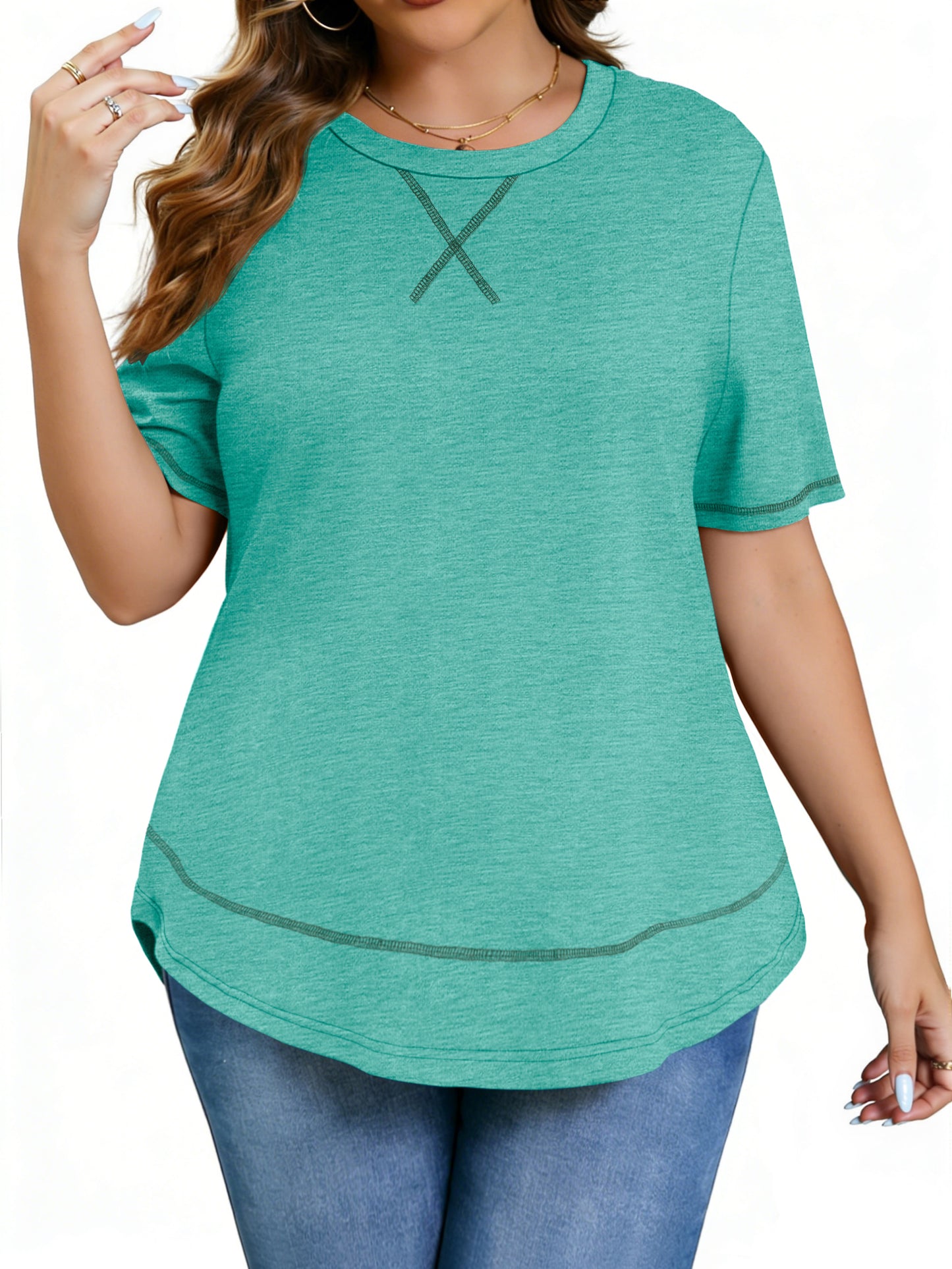 WellSize Womens Plus size Tops Curved Hem Summer Short Sleeve Shirts Loose Casual Tunic Tee