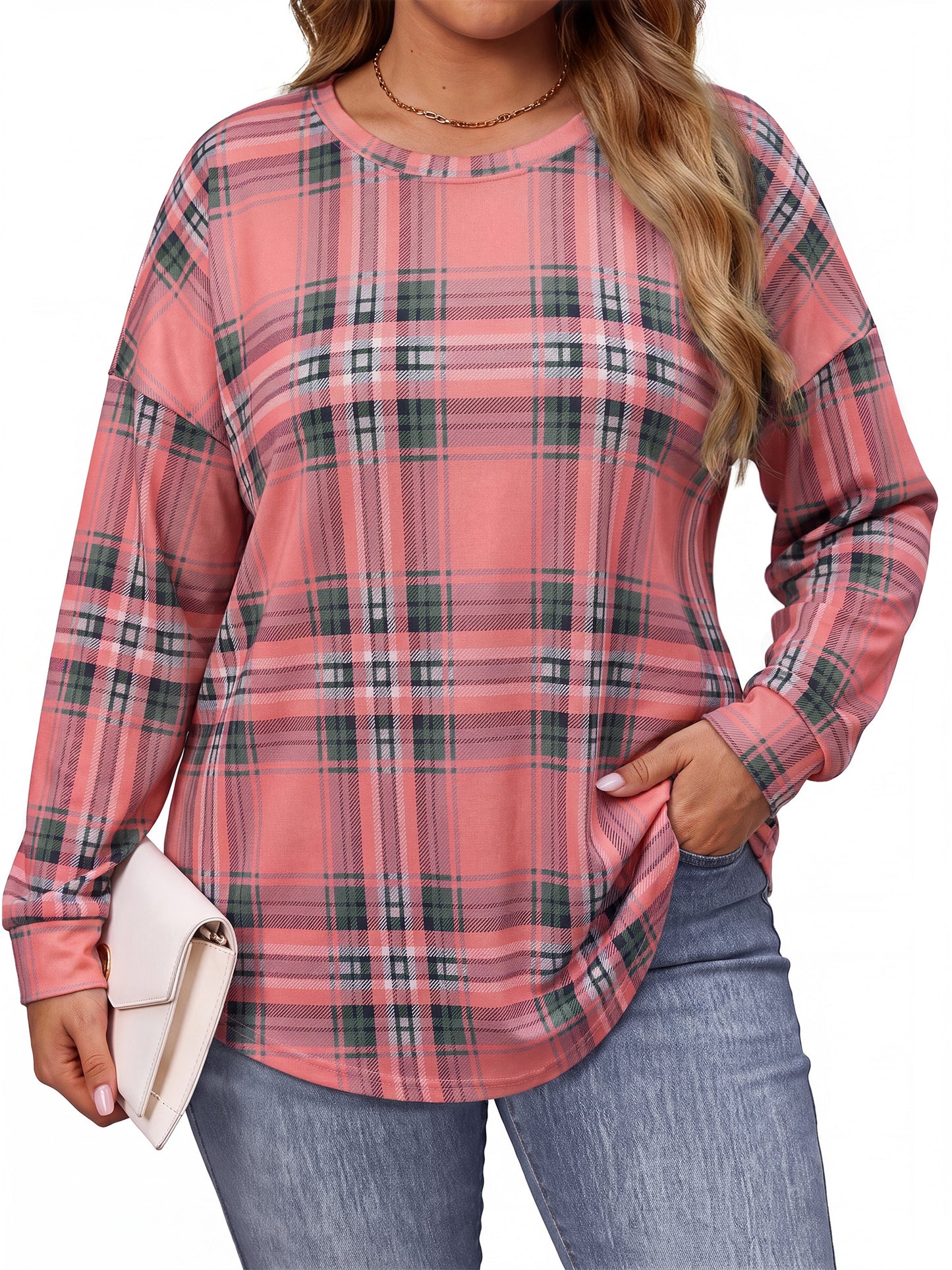 WellSize Plus Size Sweatshirts for Women Casual Plaid Crewneck Tops Tunic Pullover Sweatshirts Fall Outfits