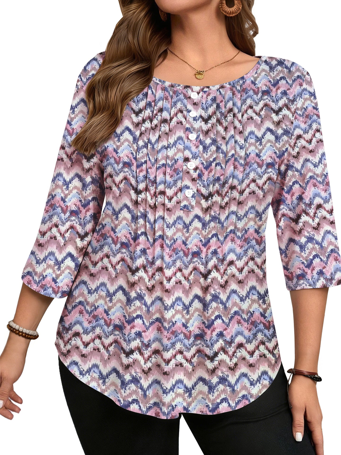 WellSize 3/4 Sleeve Plus Size Womens Blouses Casual Floral Pleats Tops Summer Crewneck Shirts Tunic Curved Hem Blouses