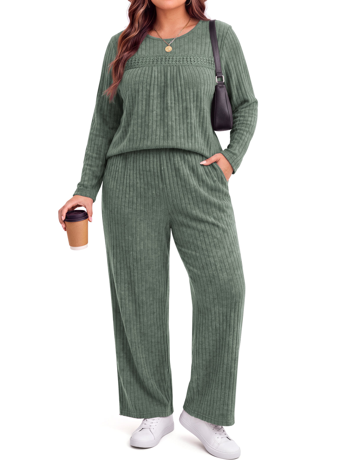 WellSize Womens Plus Size 2 Piece Outfit Sets Lace Long Sleeve Tops Wide Leg Pants Fall Travel Vacation Outfits Lounge Sets