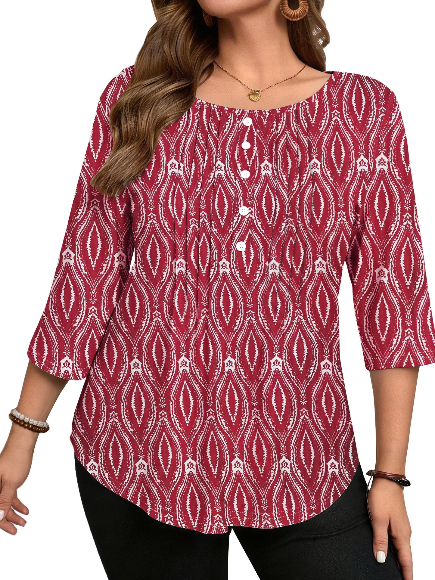 WellSize 3/4 Sleeve Plus Size Womens Blouses Casual Floral Pleats Tops Summer Crewneck Shirts Tunic Curved Hem Blouses