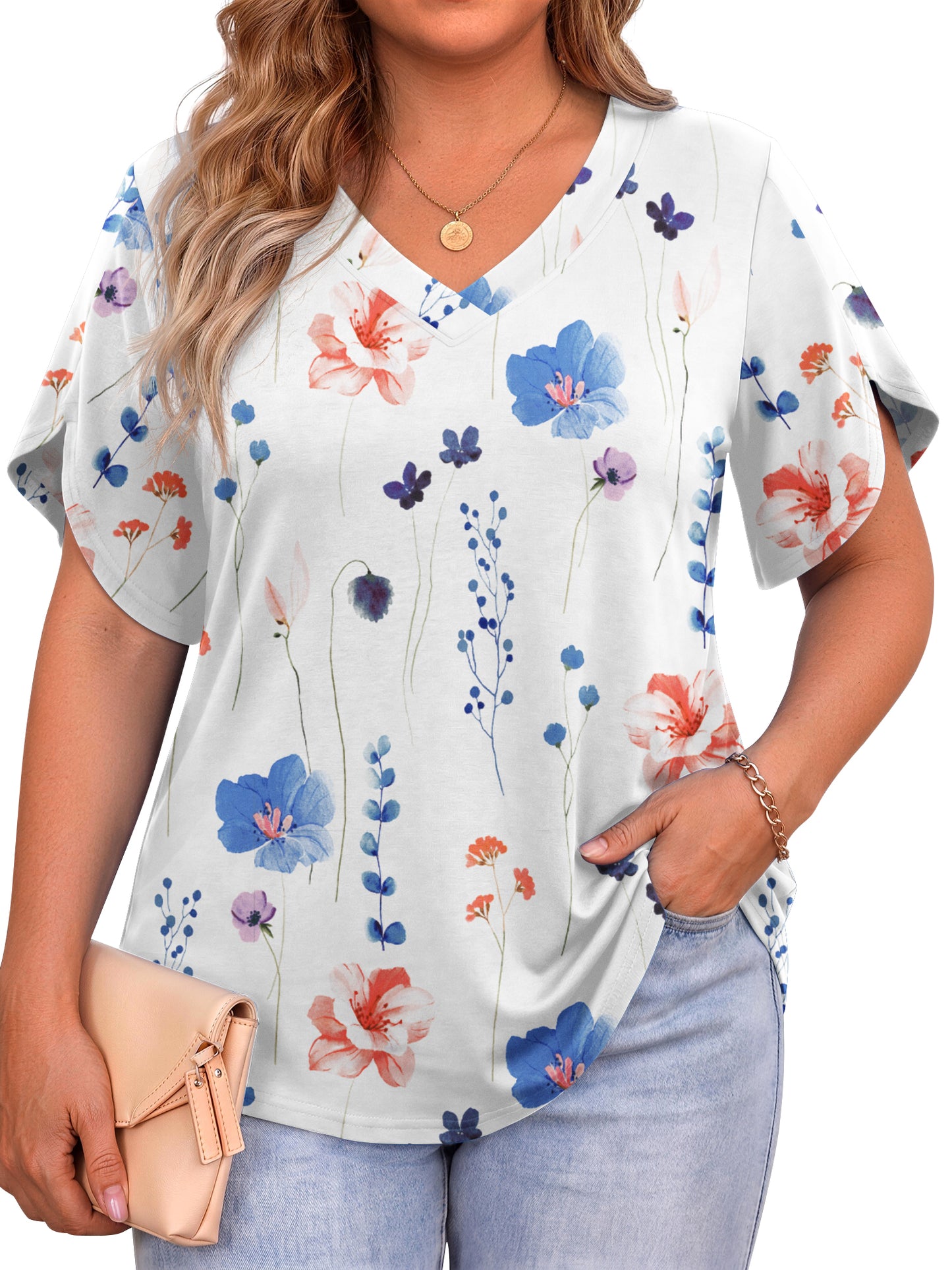 WellSize Plus Size Blouses for Women V Neck Short Petal Sleeve Tunic Tops Casual Summer Floral Shirts