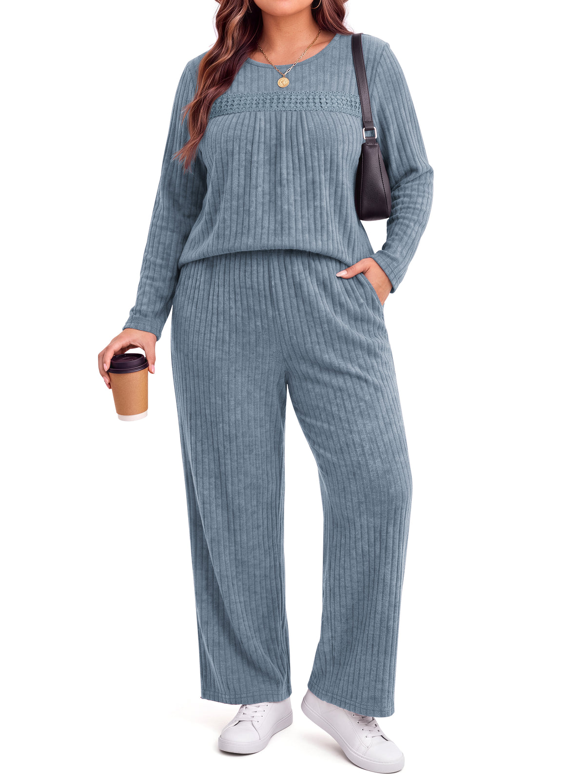 WellSize Womens Plus Size 2 Piece Outfit Sets Lace Long Sleeve Tops Wide Leg Pants Fall Travel Vacation Outfits Lounge Sets