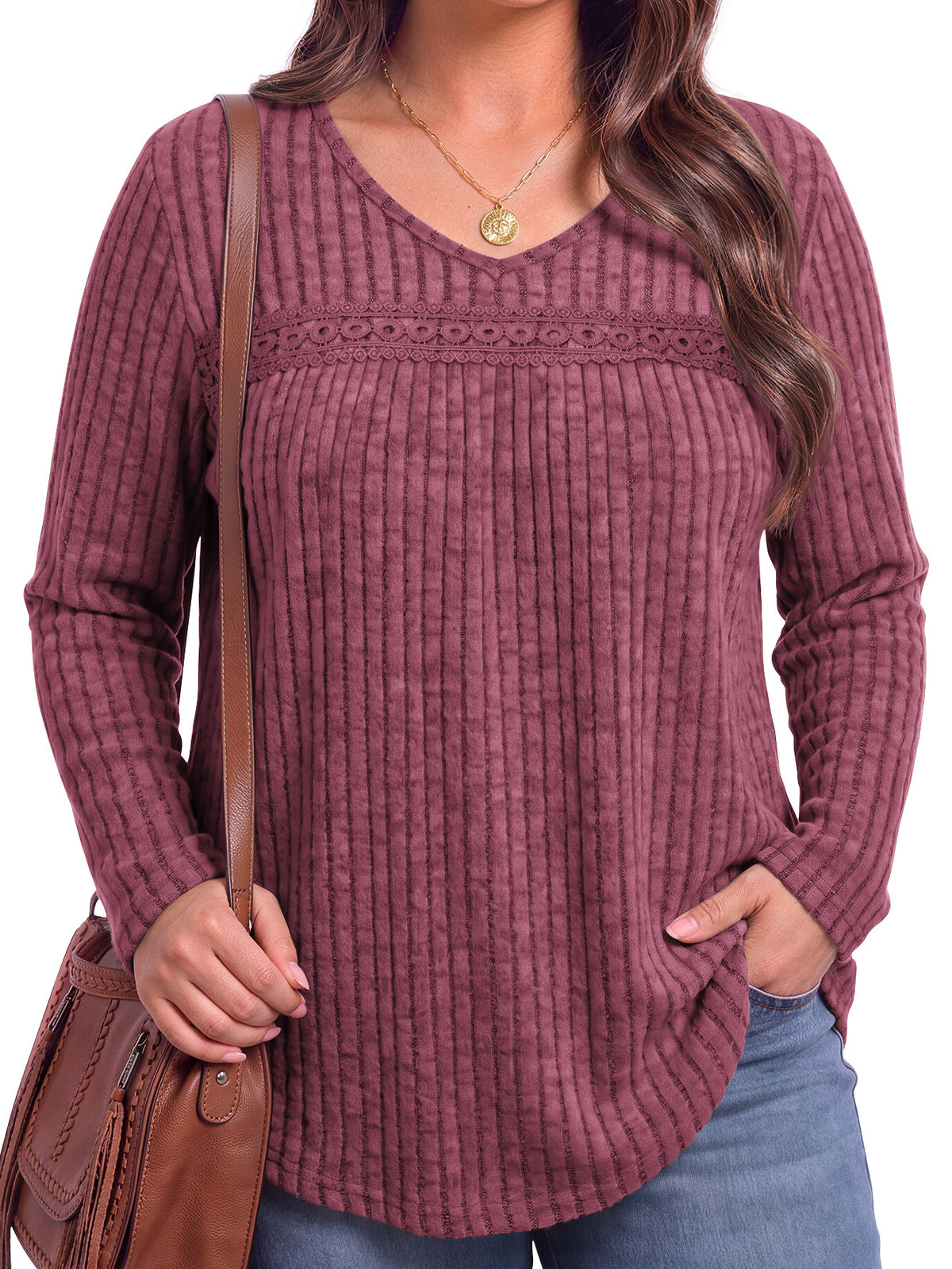 WellSize Long Sleeve Shirts for Women Plus Size Lace Tunic Tops Casual V Neck Pullover Fall Lightweight Sweaters for Women