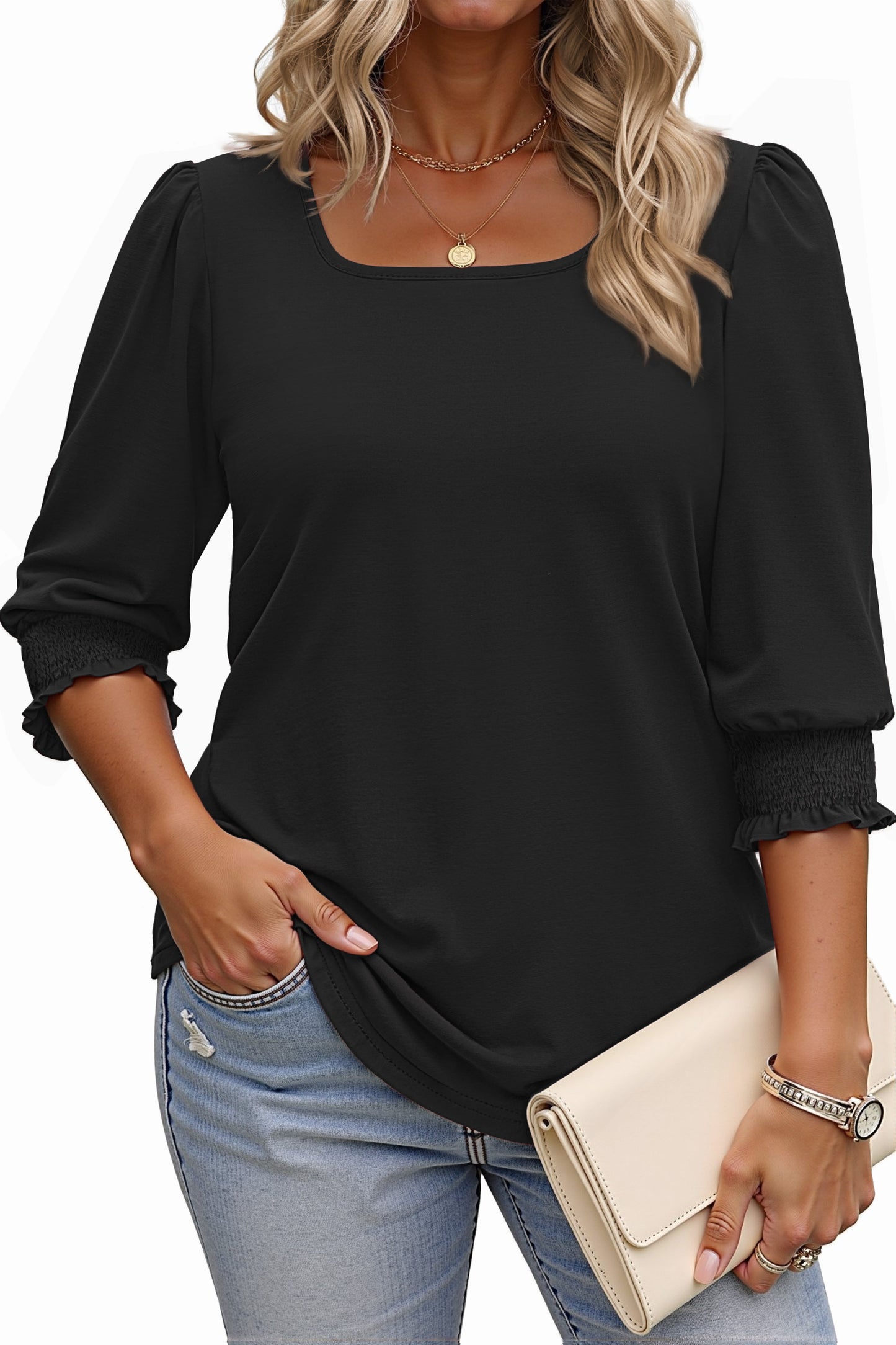 WellSize 3/4 Sleeve Womens Plus Size Tops Dressy Square Neck Causal Blouses Smocked Cuffs Summer Shirts