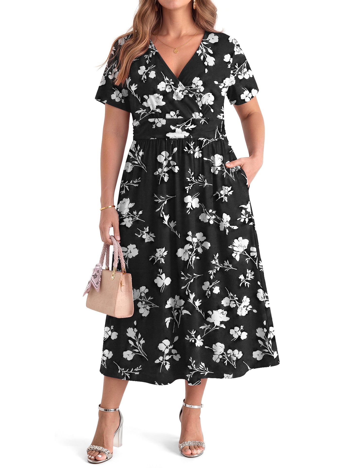 WellSize Plus Size Maxi Dresses for Women Casual V Neck Short Sleeve Floral Dress Summer Flowy Sundresses with Pockets