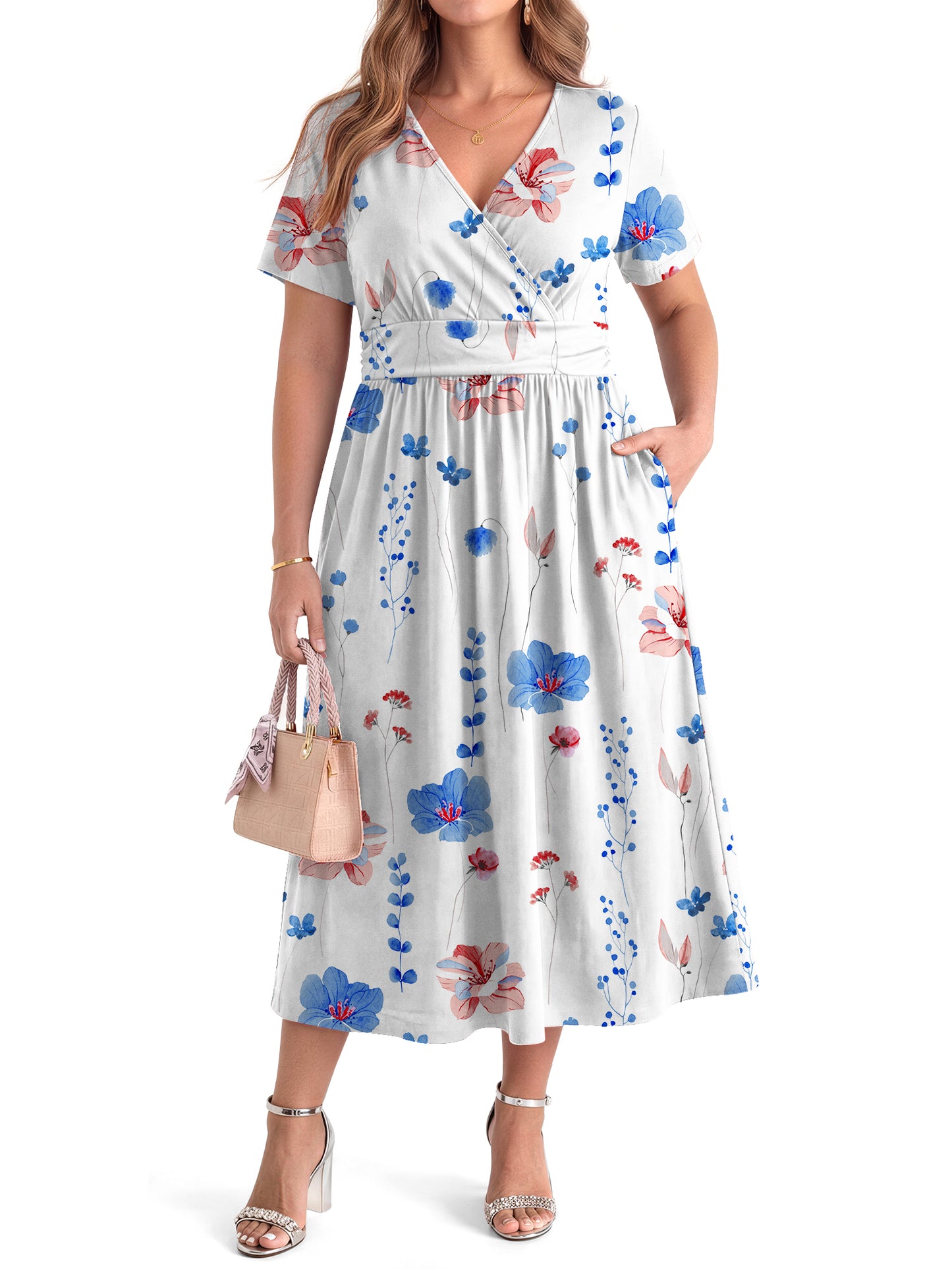 WellSize Plus Size Maxi Dresses for Women Casual V Neck Short Sleeve Floral Dress Summer Flowy Sundresses with Pockets