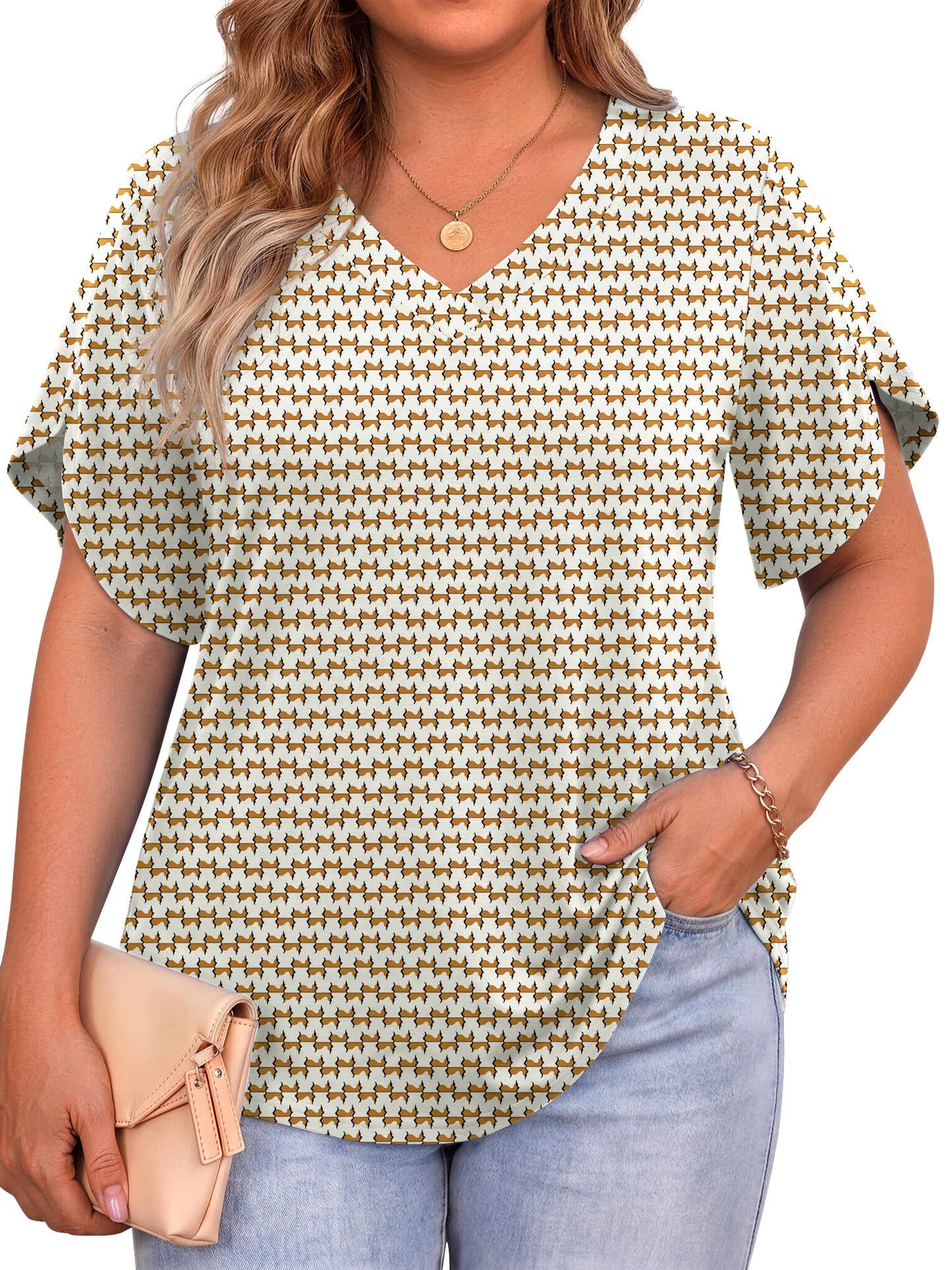 WellSize Plus Size Blouses for Women V Neck Short Petal Sleeve Tunic Tops Casual Summer Floral Shirts
