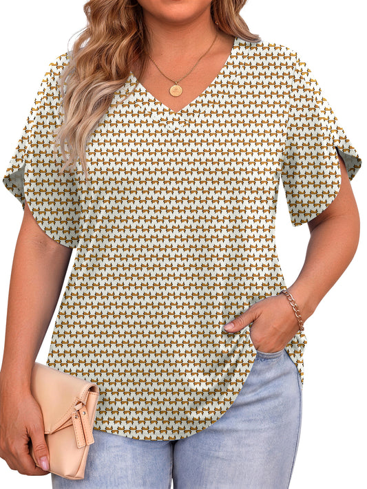 WellSize Plus Size Blouses for Women V Neck Short Petal Sleeve Tunic Tops Casual Summer Floral Shirts