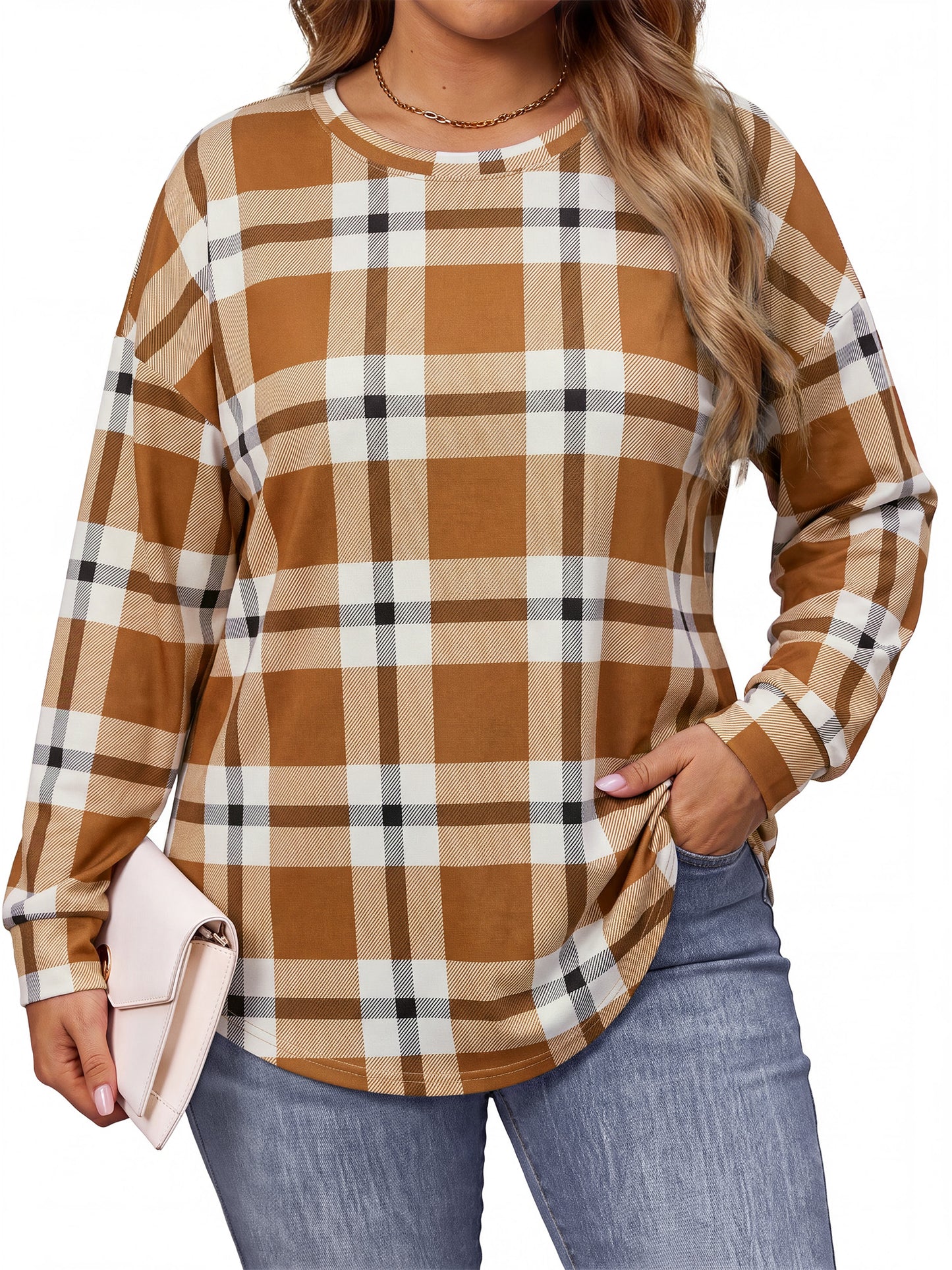 WellSize Plus Size Sweatshirts for Women Casual Plaid Crewneck Tops Tunic Pullover Sweatshirts Fall Outfits