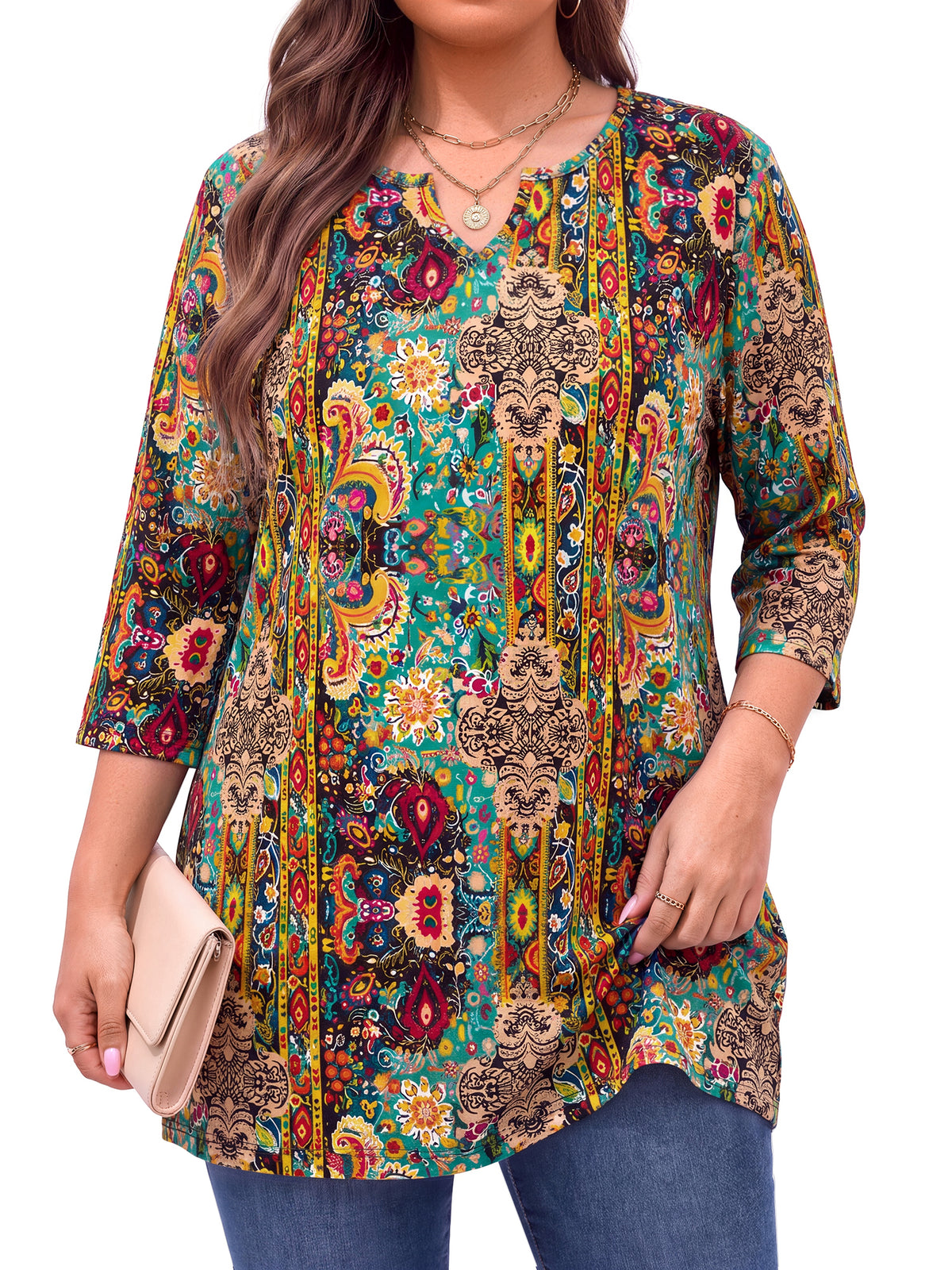 WellSize Plus Size Women Tunic Tops 3/4 Sleeve Dressy Fall Blouses Casual V Neck Floral Shirts Tunics for Leggings