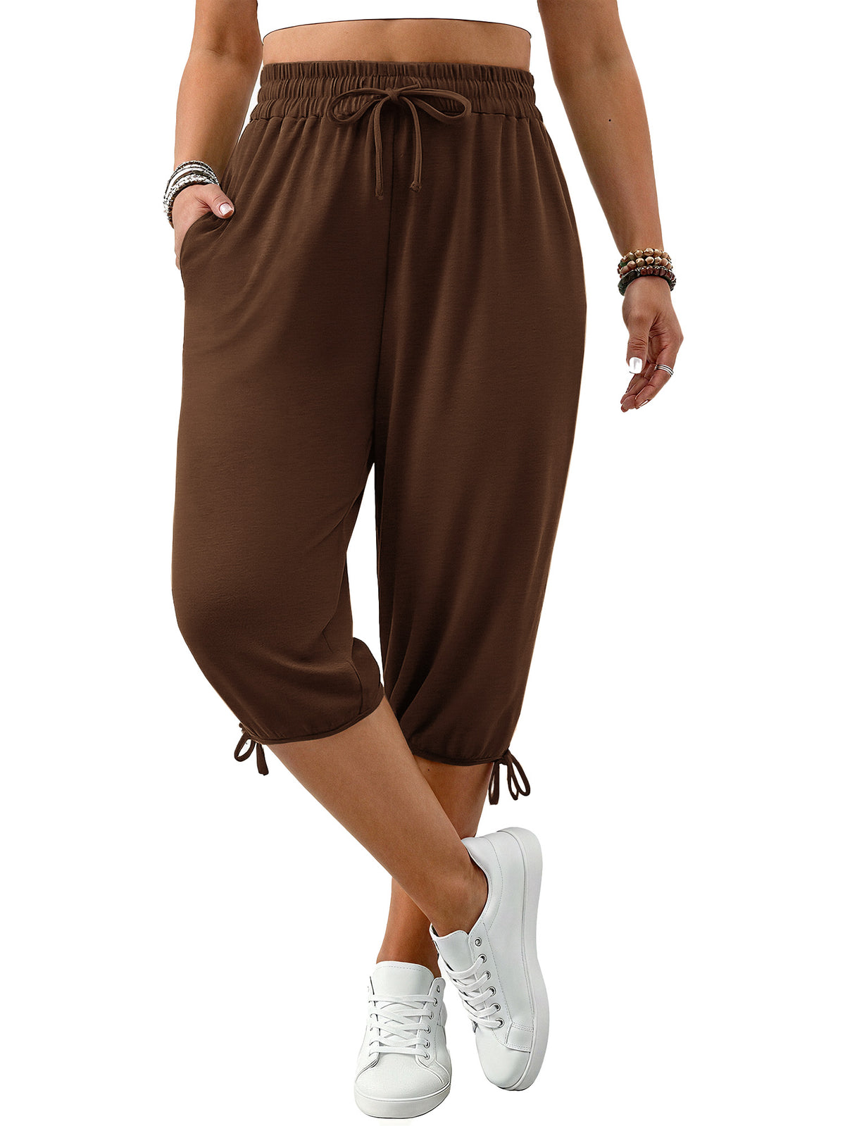 WellSize Plus Size Capris Pants for Women Lightweight Casual Joggers with Pockets Loose Fit High Waisted Pants