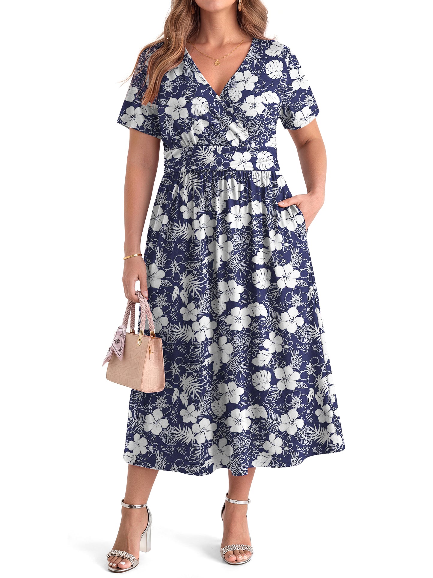 WellSize Plus Size Maxi Dresses for Women Casual V Neck Short Sleeve Floral Dress Summer Flowy Sundresses with Pockets