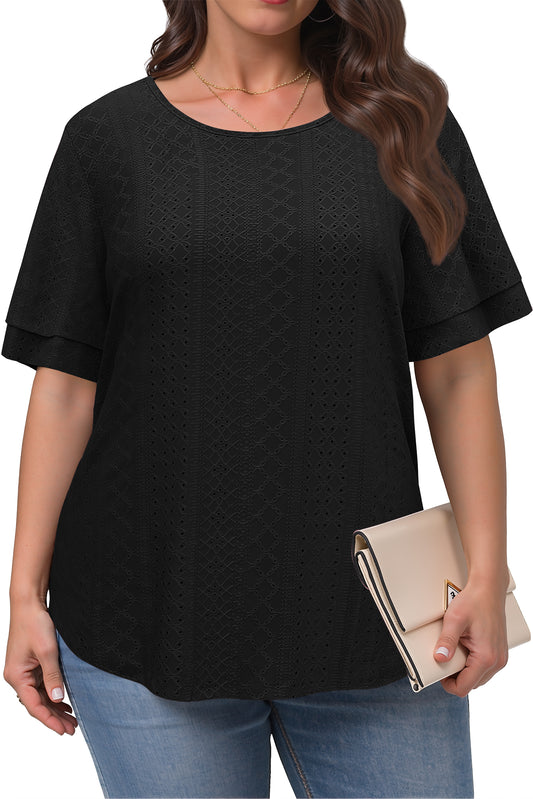 WellSize Plus Size Tops for Women Eyelet Crew Neck Tunic Blouses Casual Summer Ruffled Short Sleeve Shirts