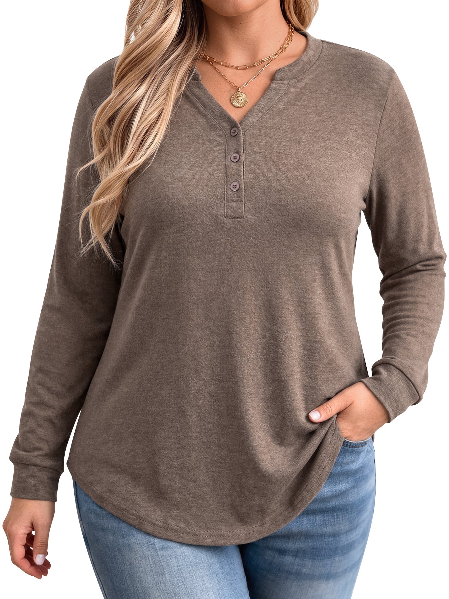 WellSize Plus Size Blouses for Women Henley V Neck Tops Casual Long Sleeve Button Shirts Fall Pullover Outfit