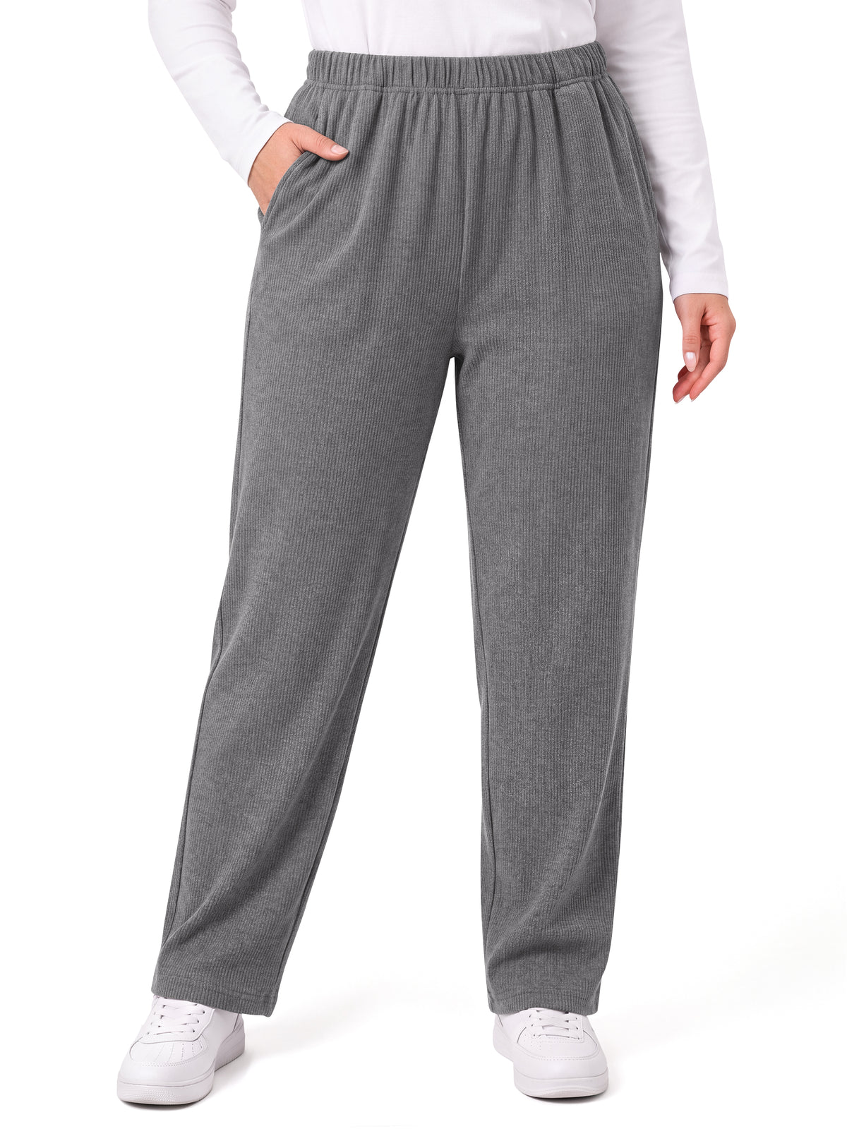 WellSize Womens Plus Size Stretch Knit Pants Elastic Waist Tapered Pull On Pants Casual Lounge Pants with Pockets