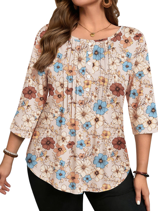 WellSize 3/4 Sleeve Plus Size Womens Blouses Casual Floral Pleats Tops Summer Crewneck Shirts Tunic Curved Hem Blouses