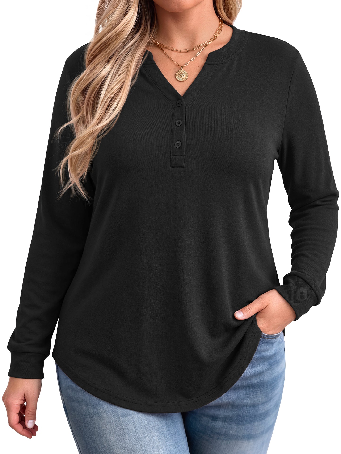 WellSize Plus Size Blouses for Women Henley V Neck Tops Casual Long Sleeve Button Shirts Fall Pullover Outfit