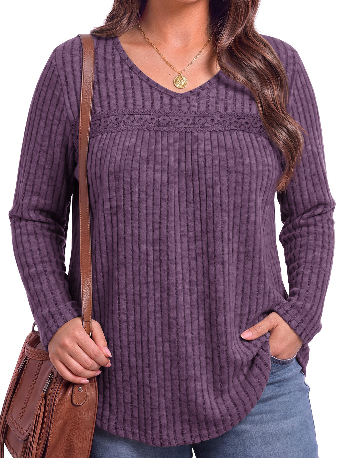 WellSize Long Sleeve Shirts for Women Plus Size Lace Tunic Tops Casual V Neck Pullover Fall Lightweight Sweaters for Women