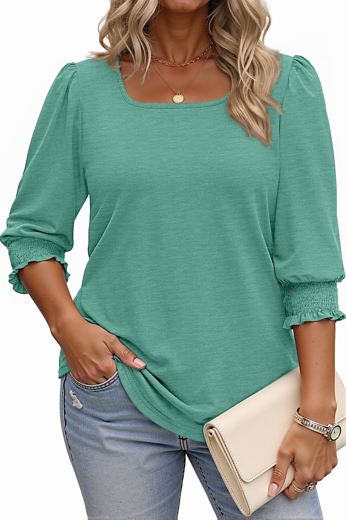 WellSize 3/4 Sleeve Womens Plus Size Tops Dressy Square Neck Causal Blouses Smocked Cuffs Summer Shirts