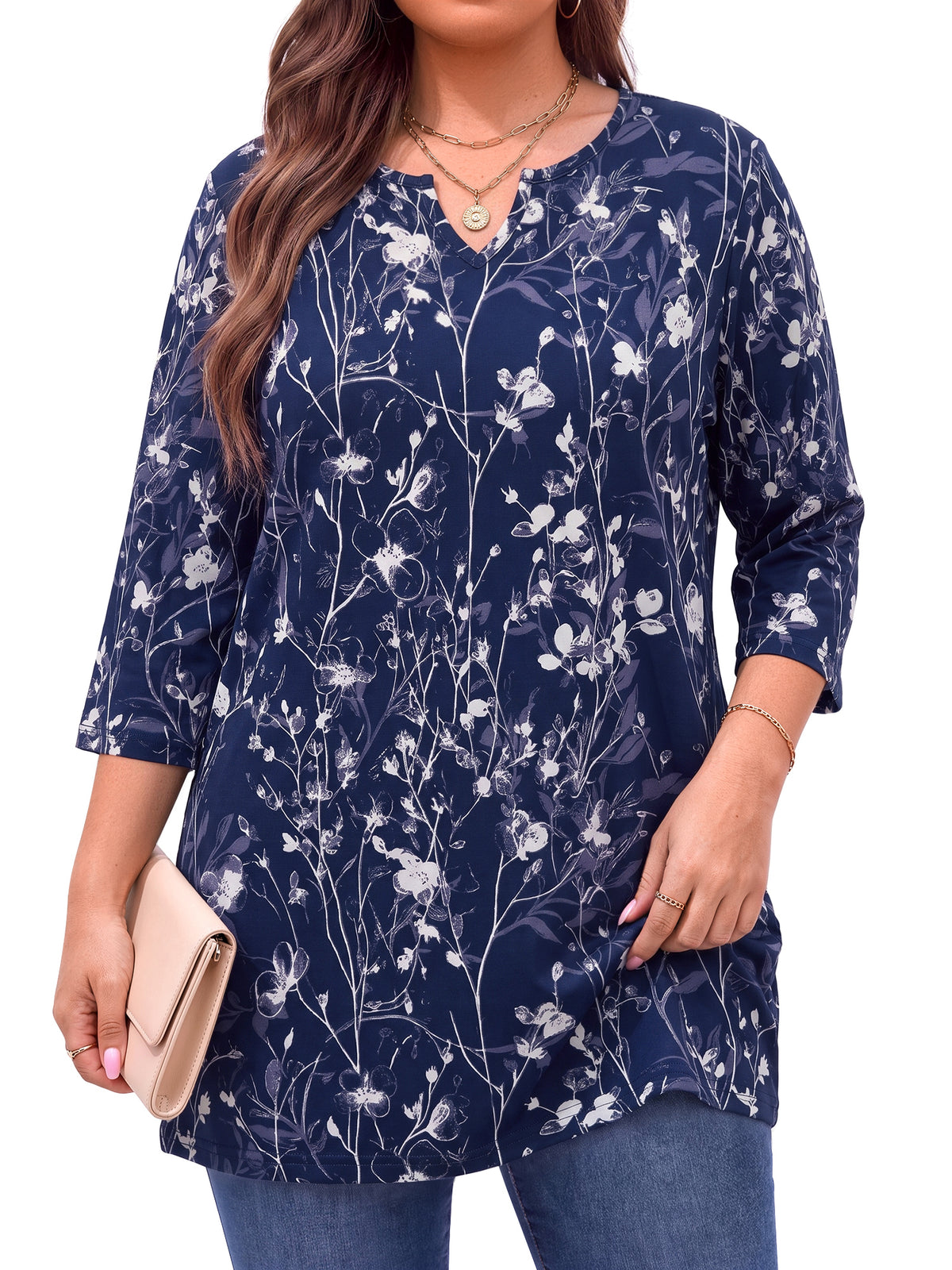 WellSize Plus Size Women Tunic Tops 3/4 Sleeve Dressy Fall Blouses Casual V Neck Floral Shirts Tunics for Leggings