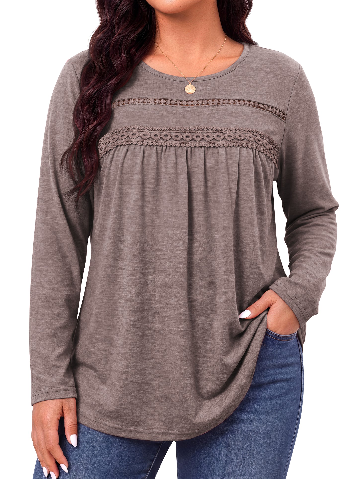 WellSize Plus Size Women Blouses Lace Long Sleeve Boho Tops Crew Neck Fall Shirts Trendy Tunic Blouses