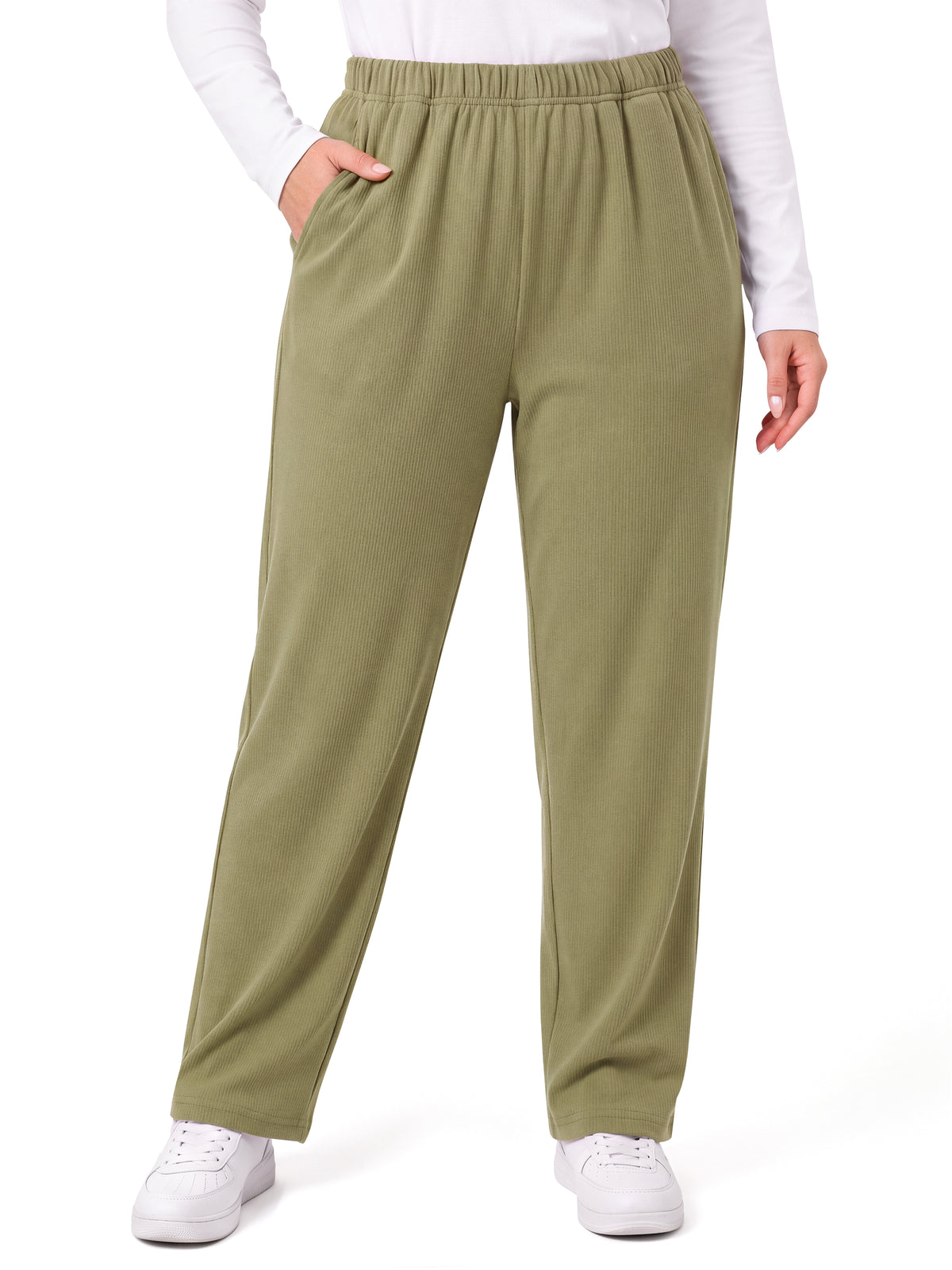 WellSize Womens Plus Size Stretch Knit Pants Elastic Waist Tapered Pull On Pants Casual Lounge Pants with Pockets
