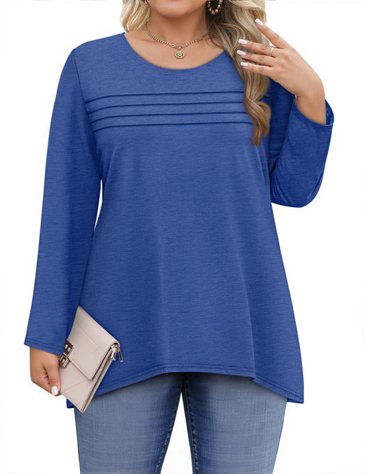 WellSize Plus Size Women Tunic Tops Casual Crew Neck Long Sleeve Blouses Dressy Pleated Fall Shirts