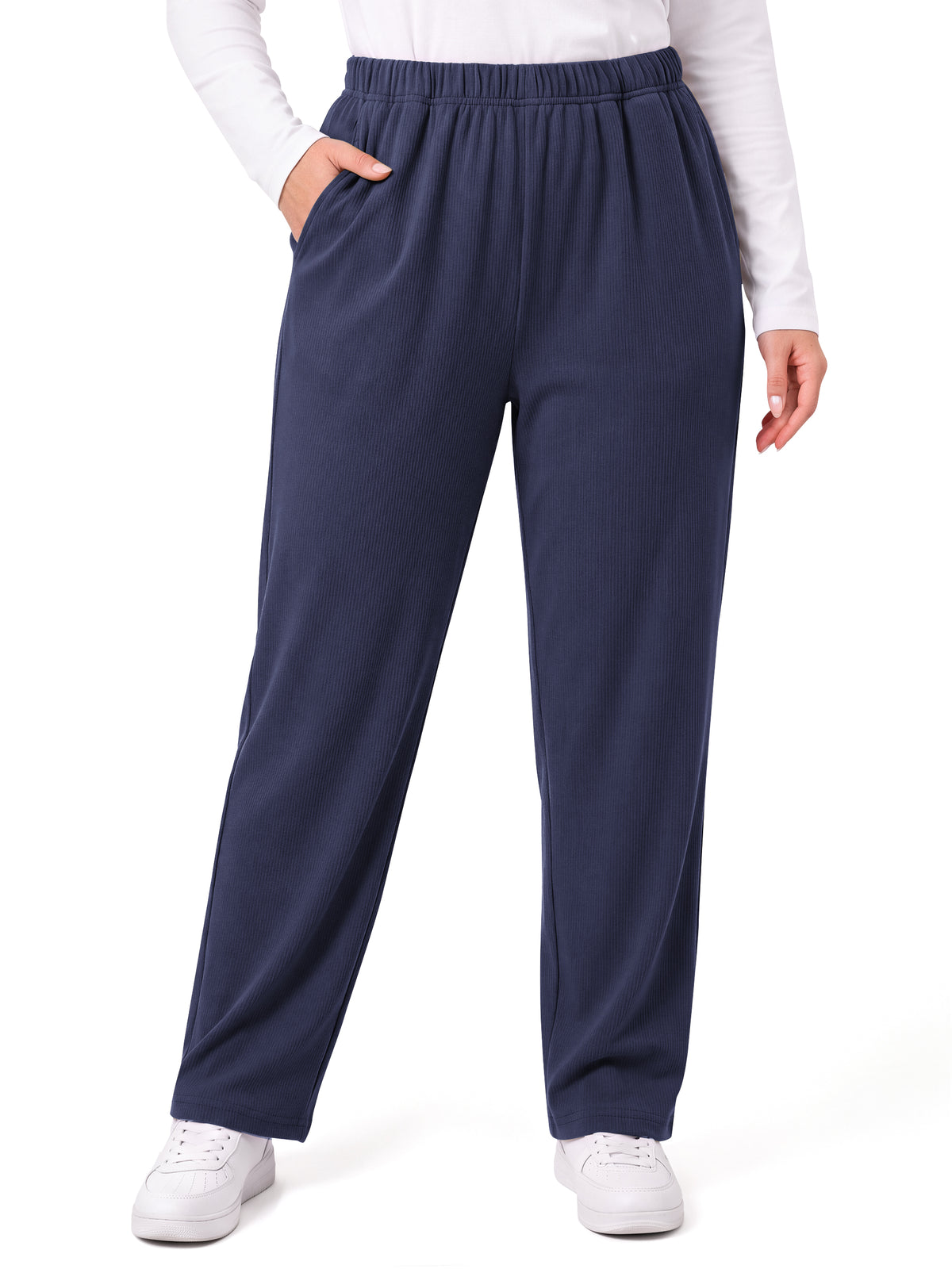 WellSize Womens Plus Size Stretch Knit Pants Elastic Waist Tapered Pull On Pants Casual Lounge Pants with Pockets