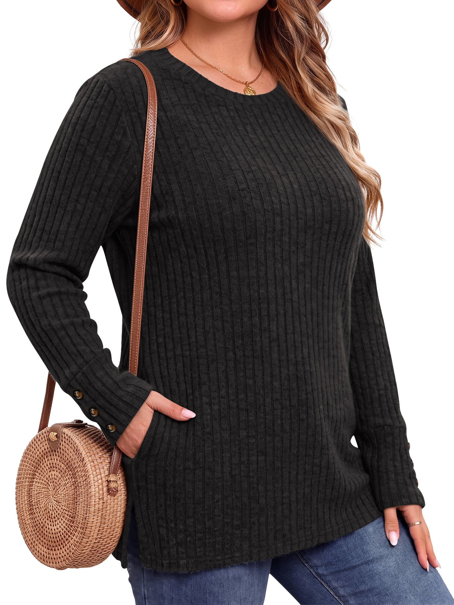 WellSize Plus Size Blouses for Women Casual Tunic Tops Long Sleeve Buttons Shirts Crew Neck Fall Sweaters with Pockets