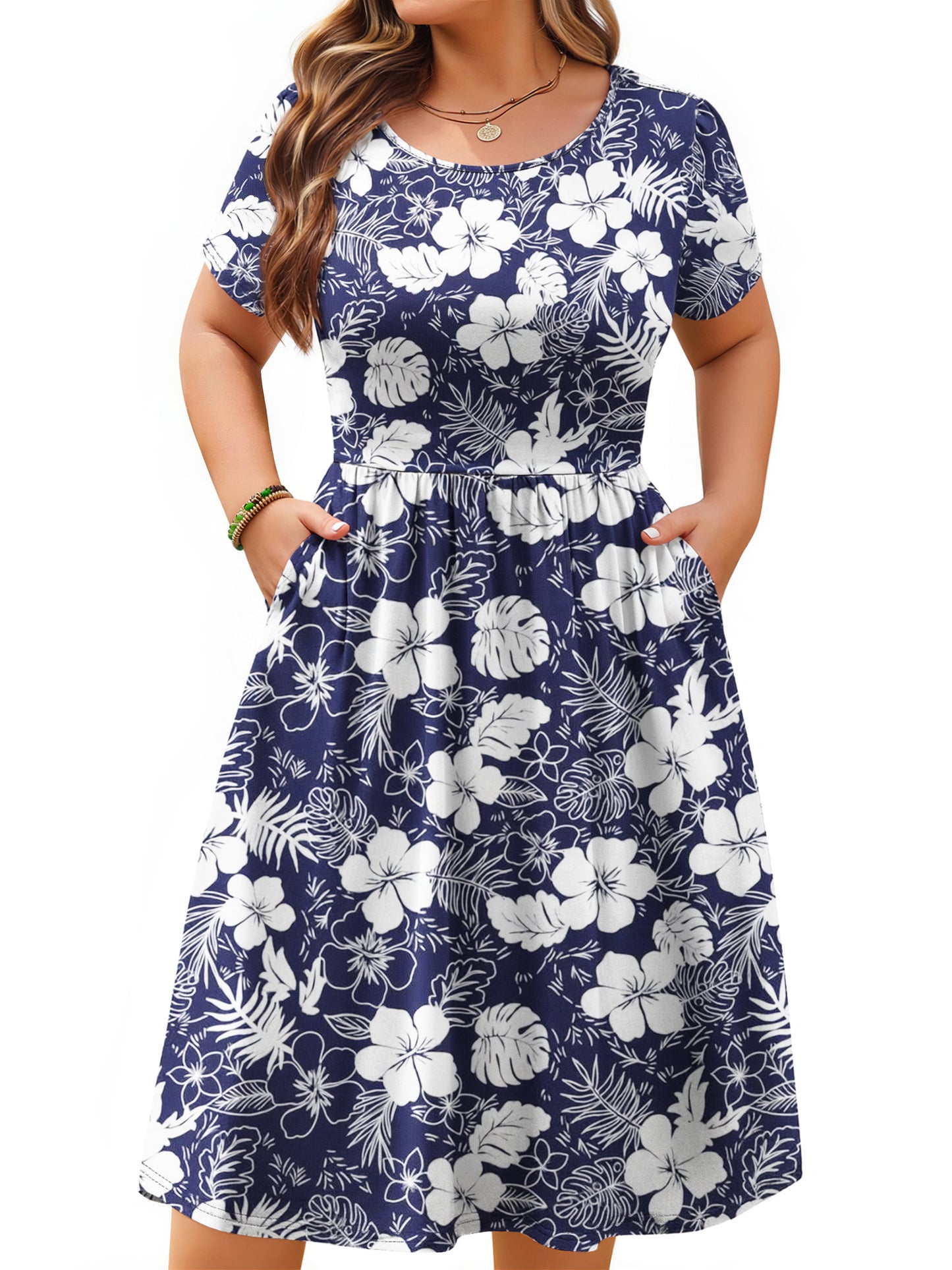 WellSize Summer Plus Size Dresses for Women Short Sleeve A-Line Midi Dresses Casual Floral Print Beach Dress with Pockets