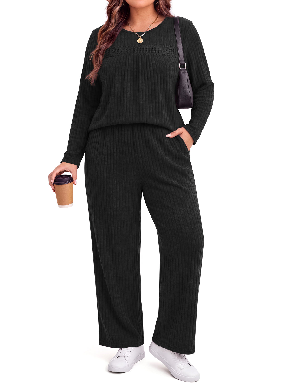WellSize Womens Plus Size 2 Piece Outfit Sets Lace Long Sleeve Tops Wide Leg Pants Fall Travel Vacation Outfits Lounge Sets