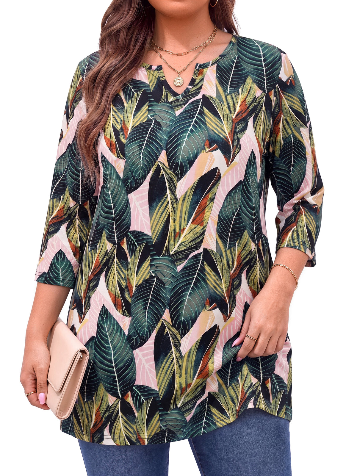WellSize Plus Size Women Tunic Tops 3/4 Sleeve Dressy Fall Blouses Casual V Neck Floral Shirts Tunics for Leggings