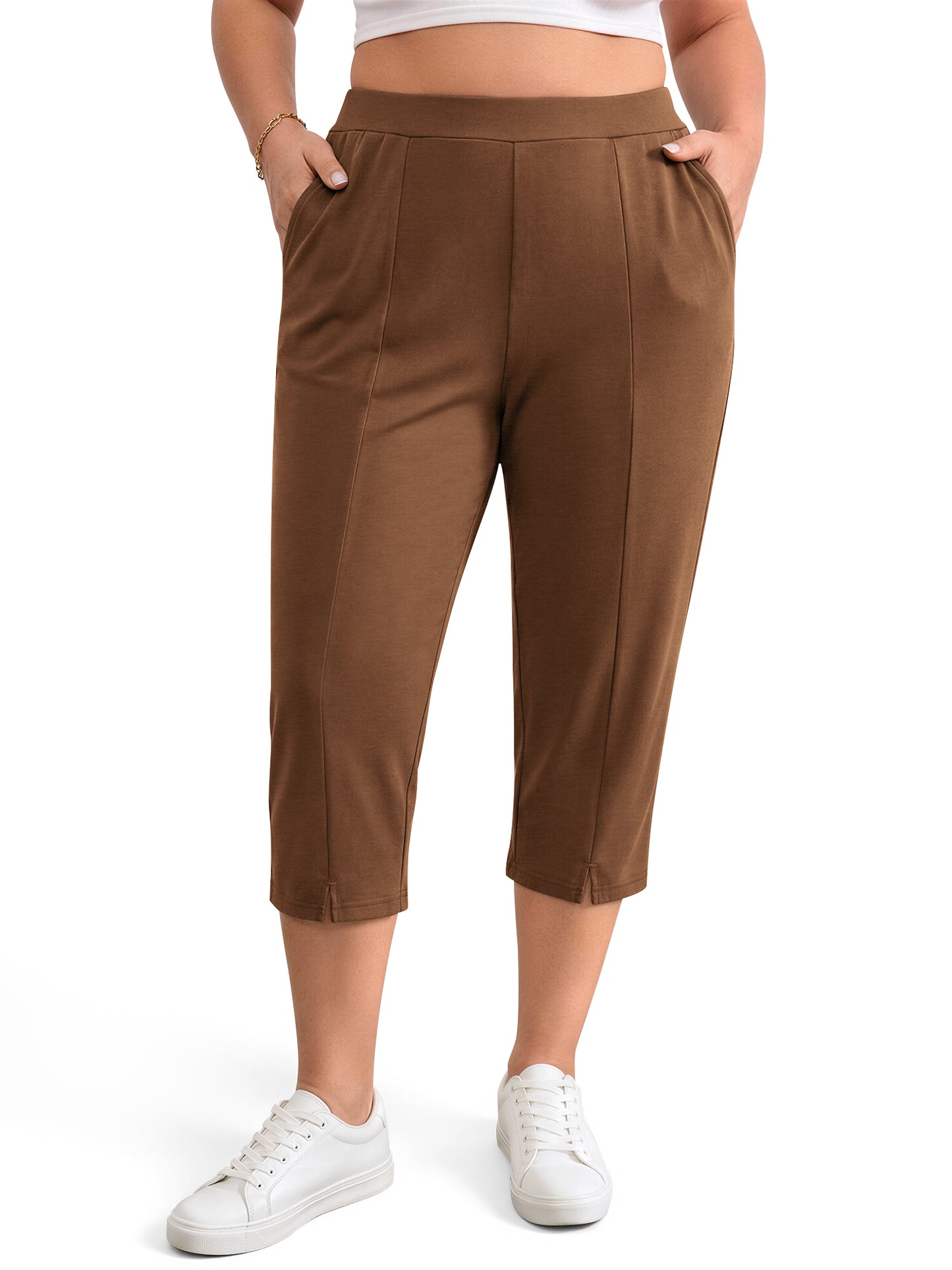 WellSize Plus Size Capri Pants for Women High Waisted Split Casual Lounge Pants With Pockets Summer Lightweight Cropped Pants