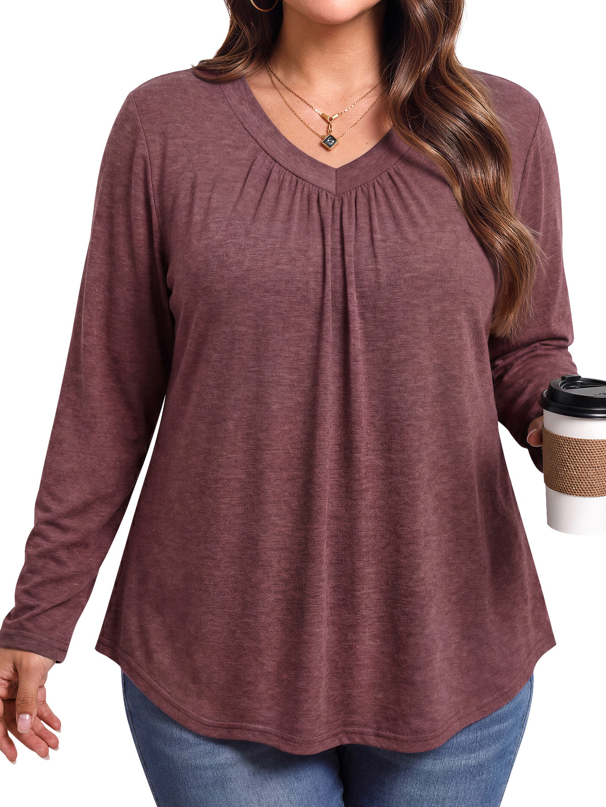 WellSize Womens Plus Size Tops Casual Pleated V Neck Fall Blouse Tunic Long Sleeve Shirts