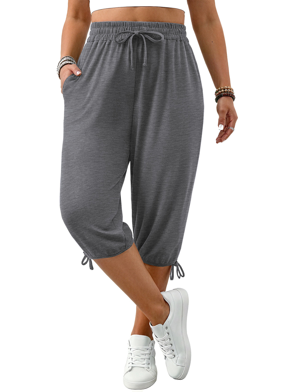 WellSize Plus Size Capris Pants for Women Lightweight Casual Joggers with Pockets Loose Fit High Waisted Pants