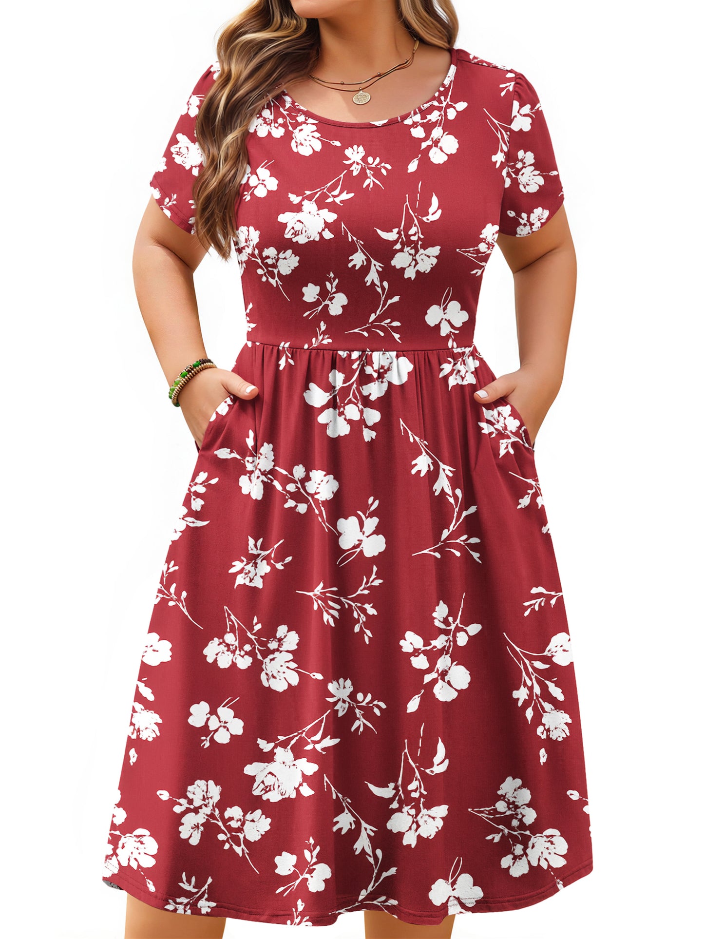 WellSize Summer Plus Size Dresses for Women Short Sleeve A-Line Midi Dresses Casual Floral Print Beach Dress with Pockets