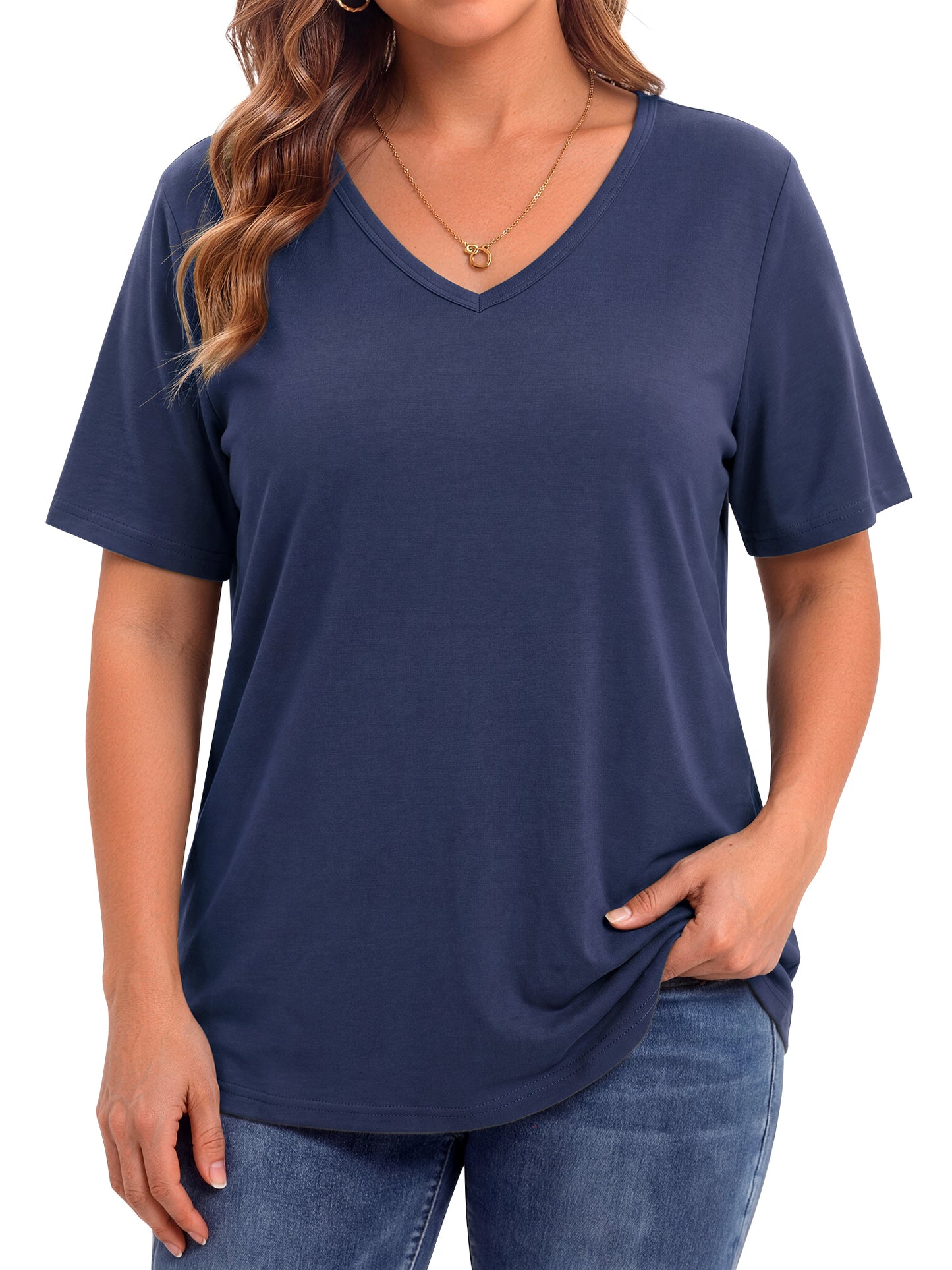 WellSize Plus Size Womens T Shirts V Neck Tunic Tops for Women Summer Short Sleeve Shirts Basic Tops