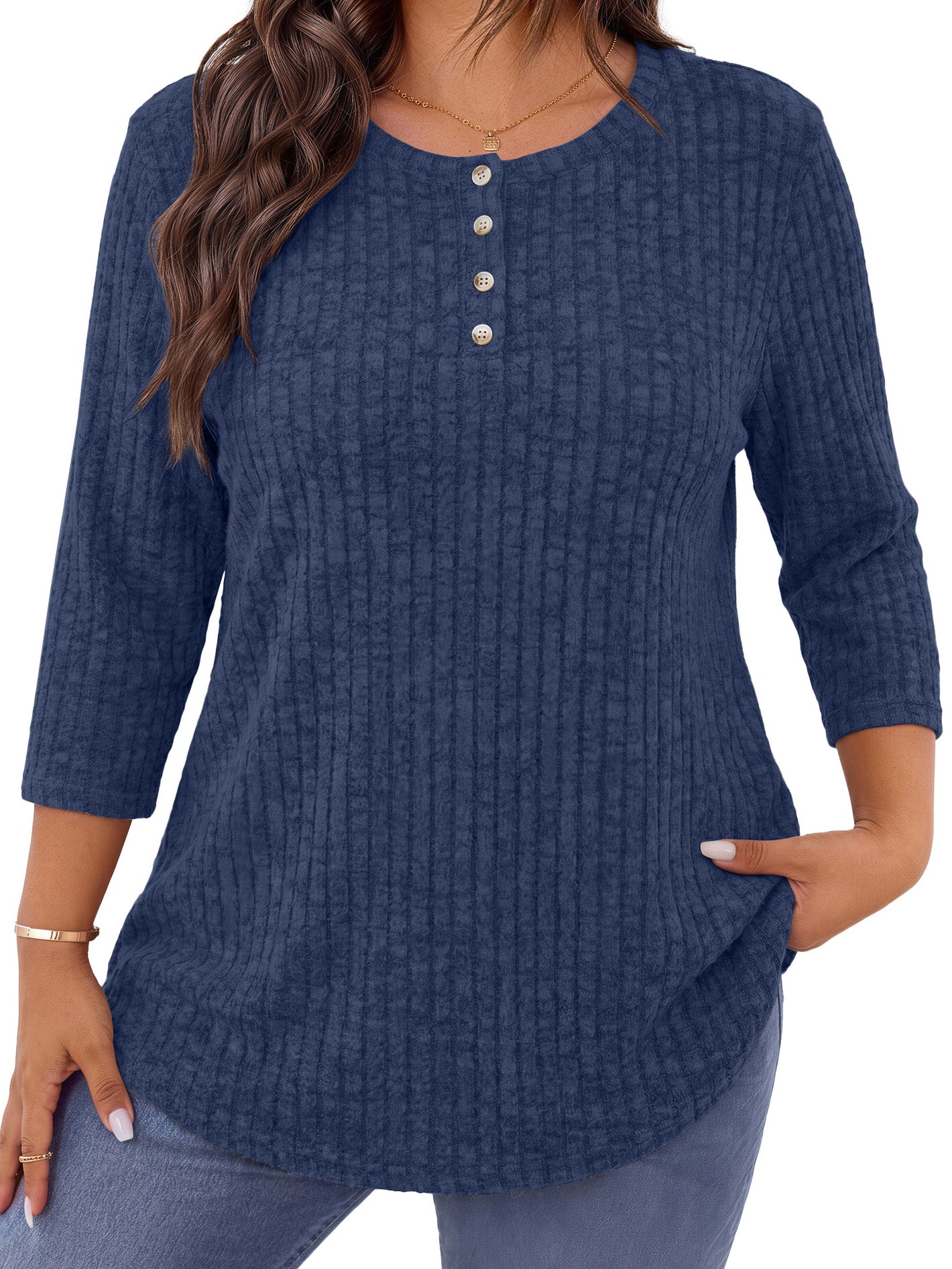 WellSize 3/4 Sleeve Blouses for Women Plus Size Henley Shirts Casual Crew Neck Tunic Tops Trendy Fall Pullover