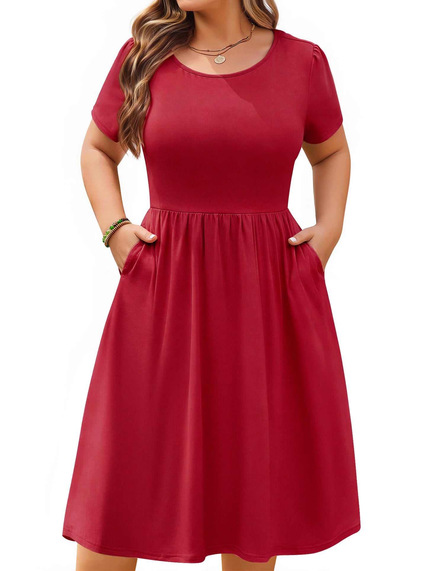 WellSize Summer Plus Size Dresses for Women Short Sleeve A-Line Midi Dresses Casual Floral Print Beach Dress with Pockets