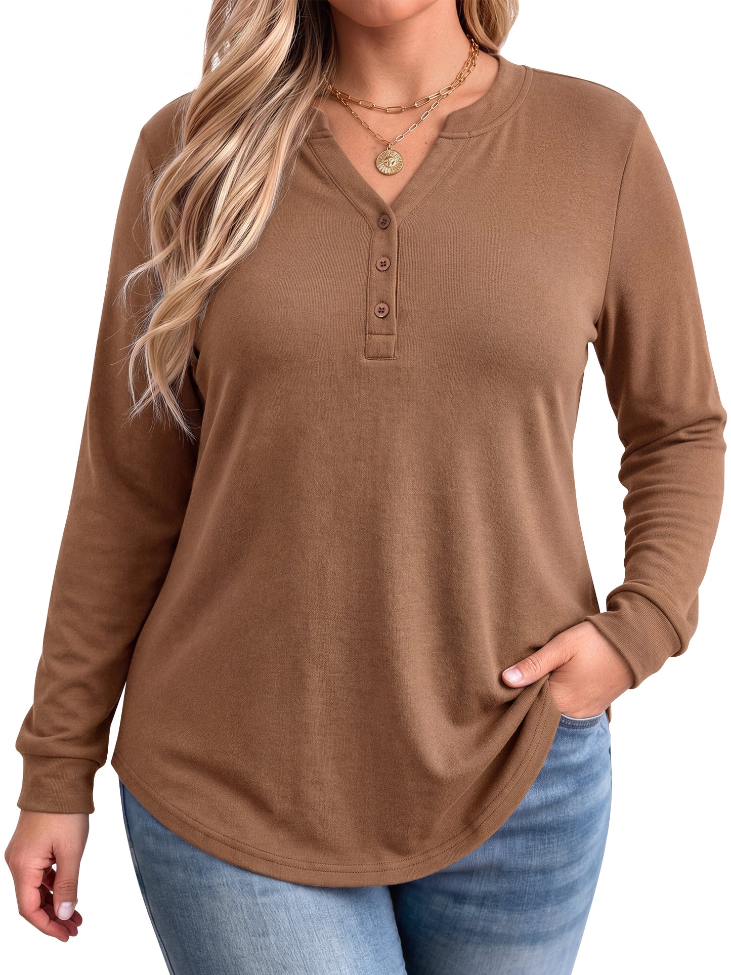 WellSize Plus Size Blouses for Women Henley V Neck Tops Casual Long Sleeve Button Shirts Fall Pullover Outfit