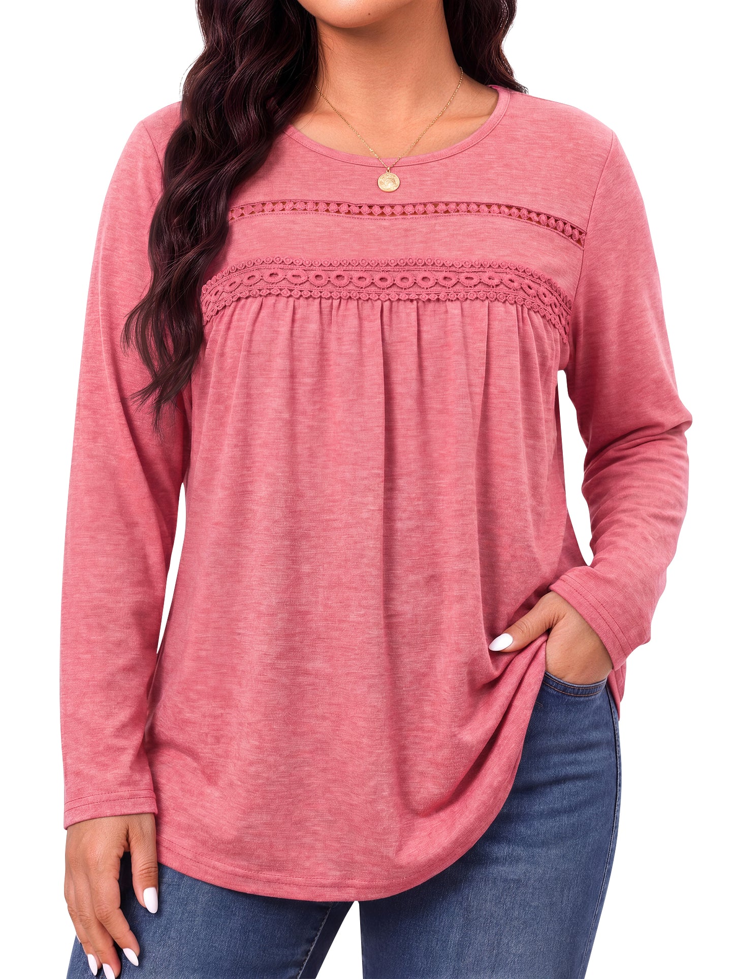 WellSize Plus Size Women Blouses Lace Long Sleeve Boho Tops Crew Neck Fall Shirts Trendy Tunic Blouses