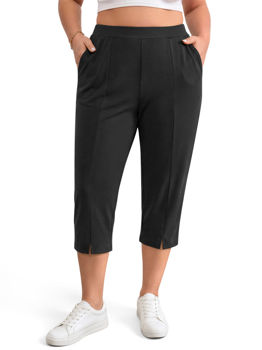 WellSize Plus Size Capri Pants for Women High Waisted Split Casual Lounge Pants With Pockets Summer Lightweight Cropped Pants