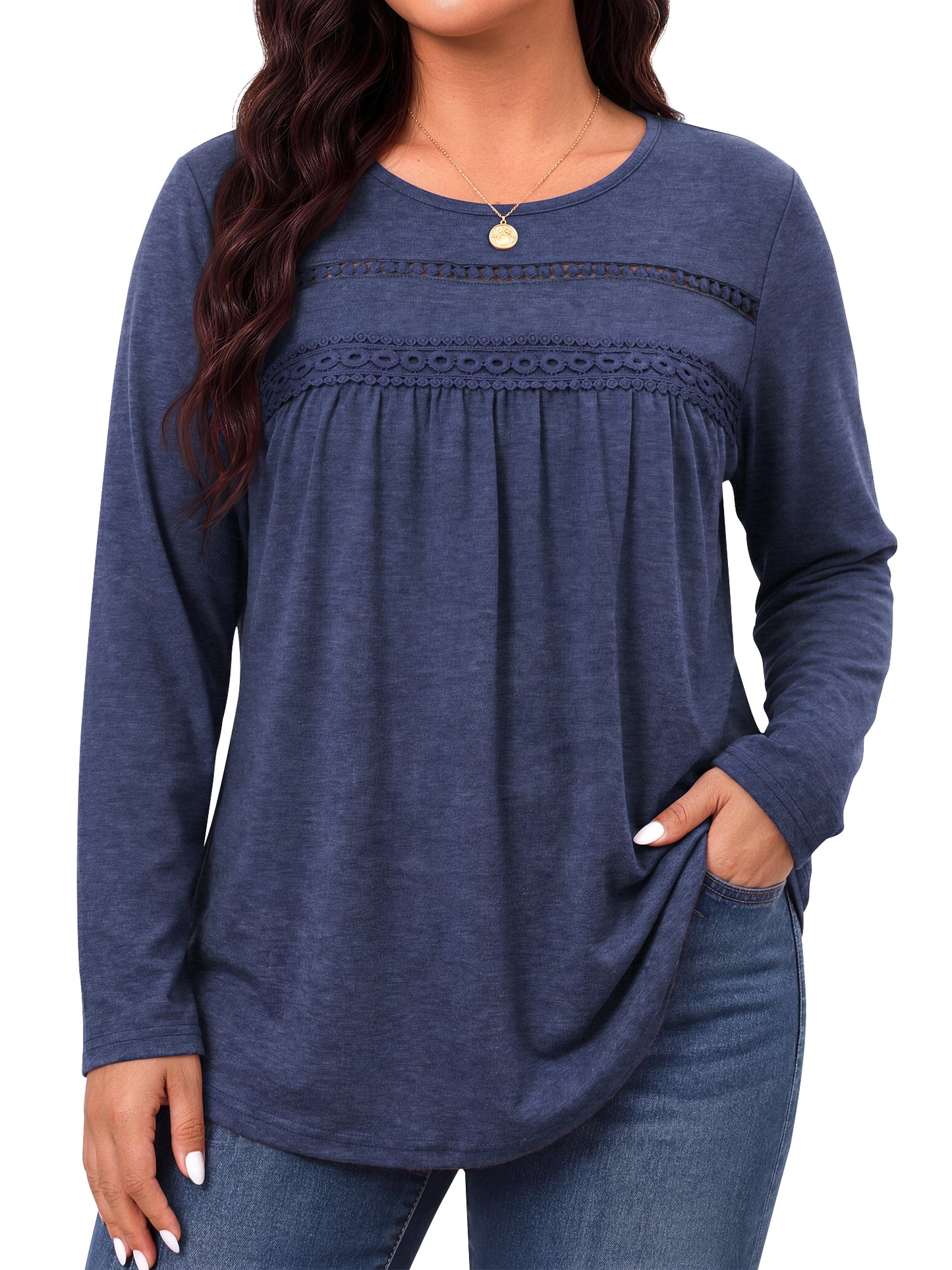 WellSize Plus Size Women Blouses Lace Long Sleeve Boho Tops Crew Neck Fall Shirts Trendy Tunic Blouses