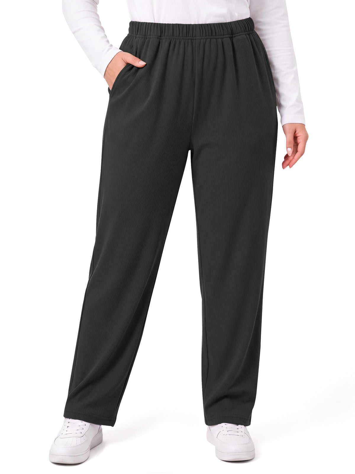 WellSize Womens Plus Size Stretch Knit Pants Elastic Waist Tapered Pull On Pants Casual Lounge Pants with Pockets