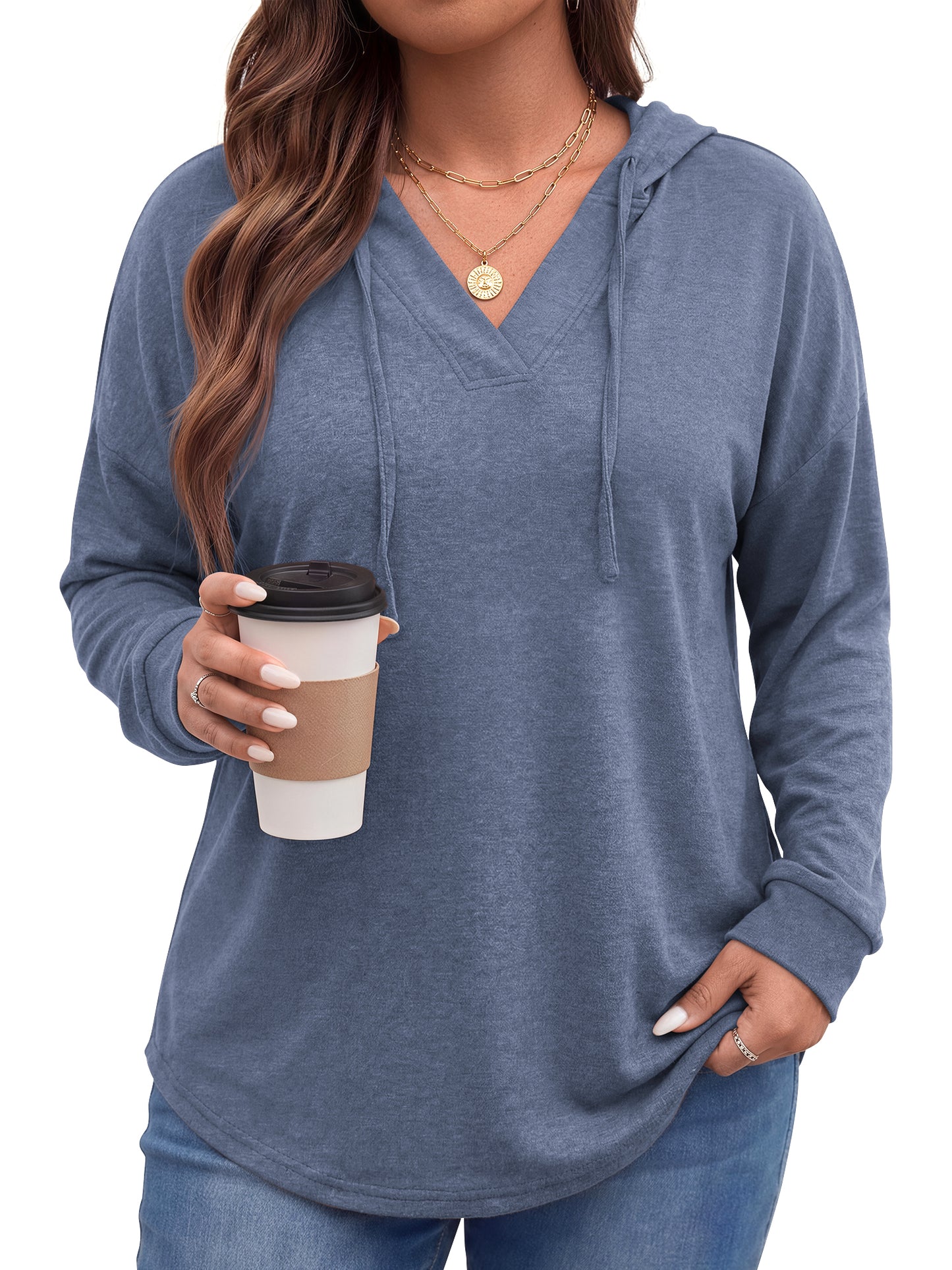 WellSize Plus Size Hoodies for Women V Neck Pullover Sweatshirts Drawstring Long Sleeve Tops Loose Fit Fall Outfits