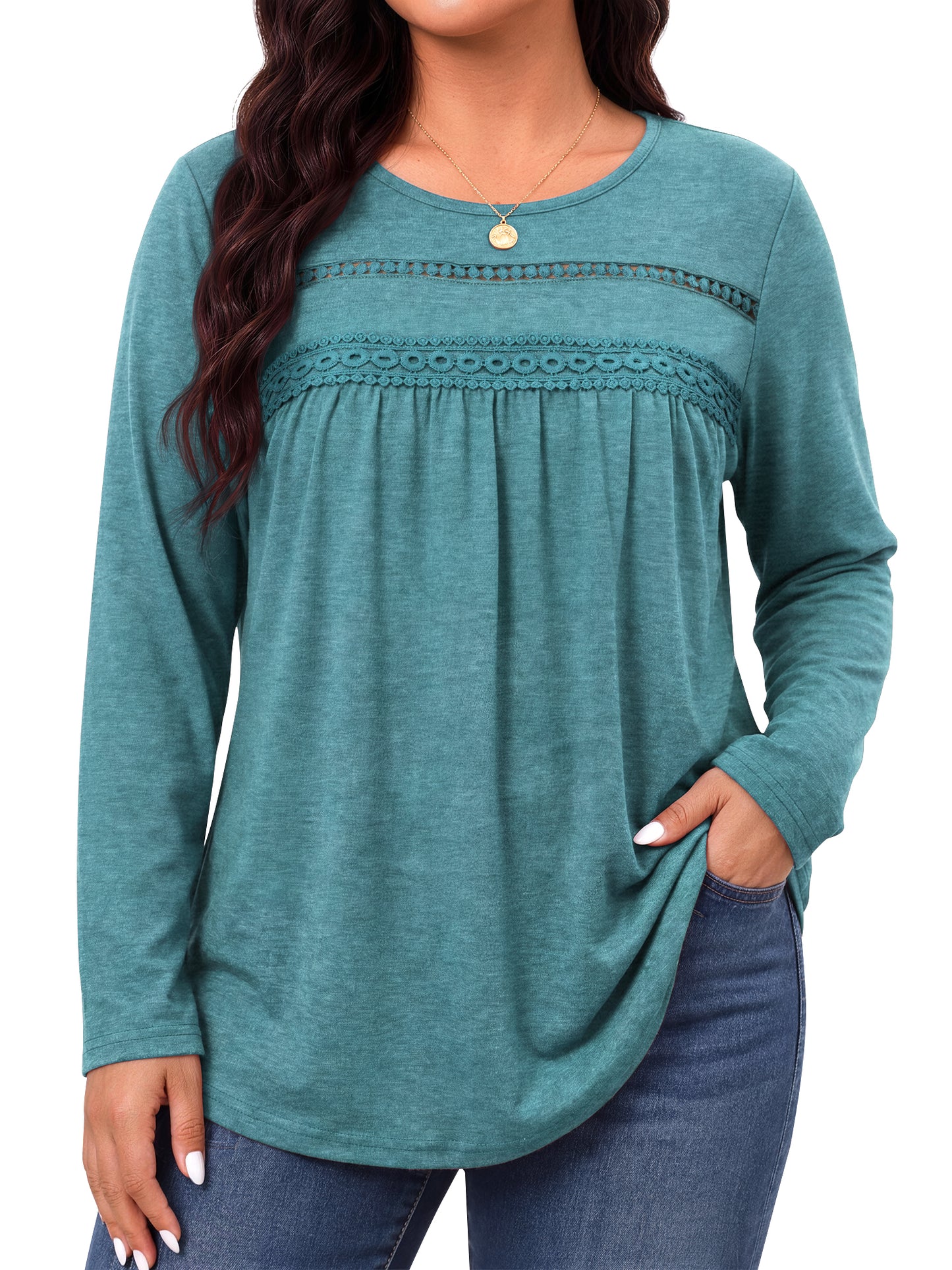 WellSize Plus Size Women Blouses Lace Long Sleeve Boho Tops Crew Neck Fall Shirts Trendy Tunic Blouses