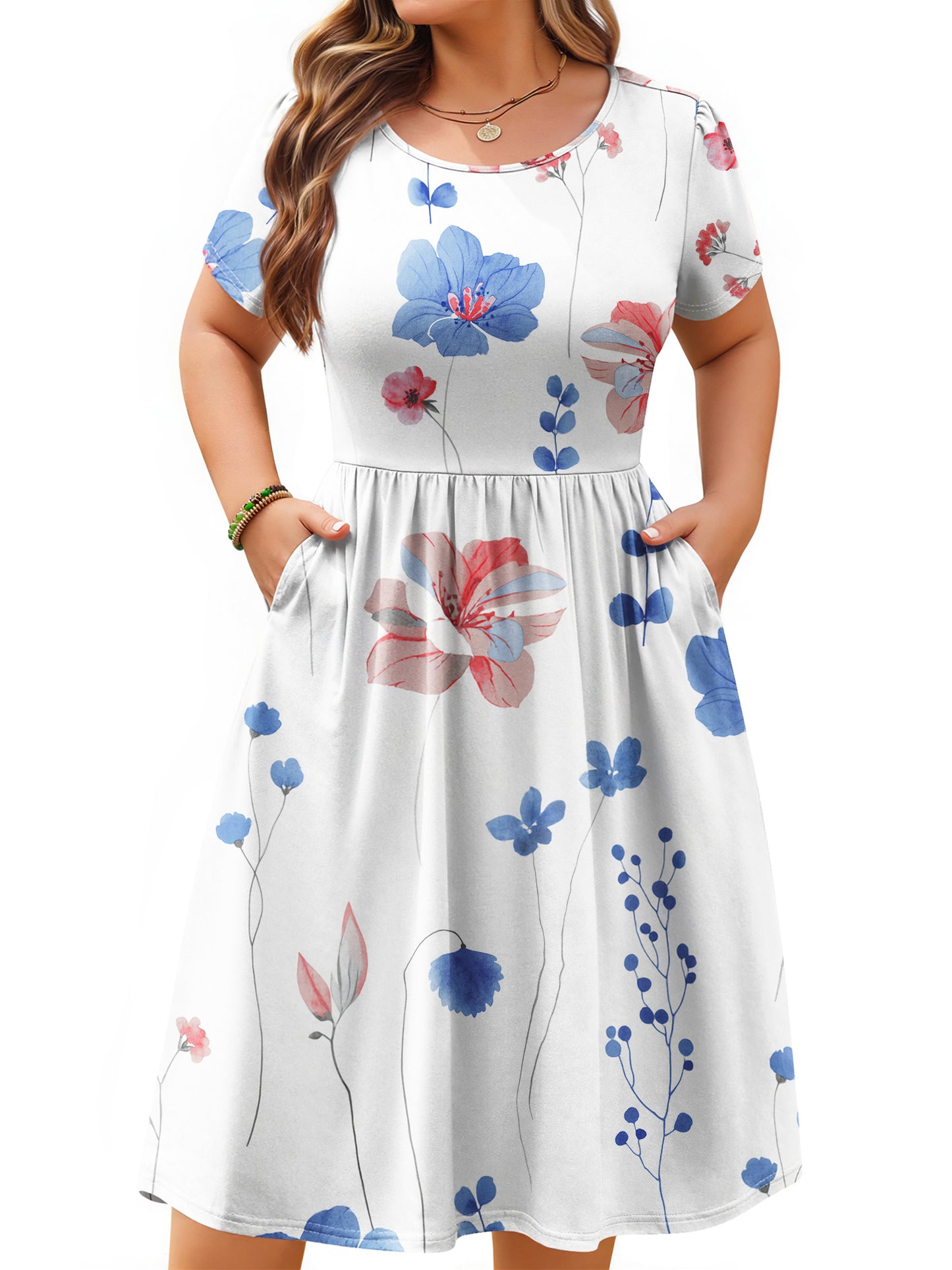 WellSize Summer Plus Size Dresses for Women Short Sleeve A-Line Midi Dresses Casual Floral Print Beach Dress with Pockets