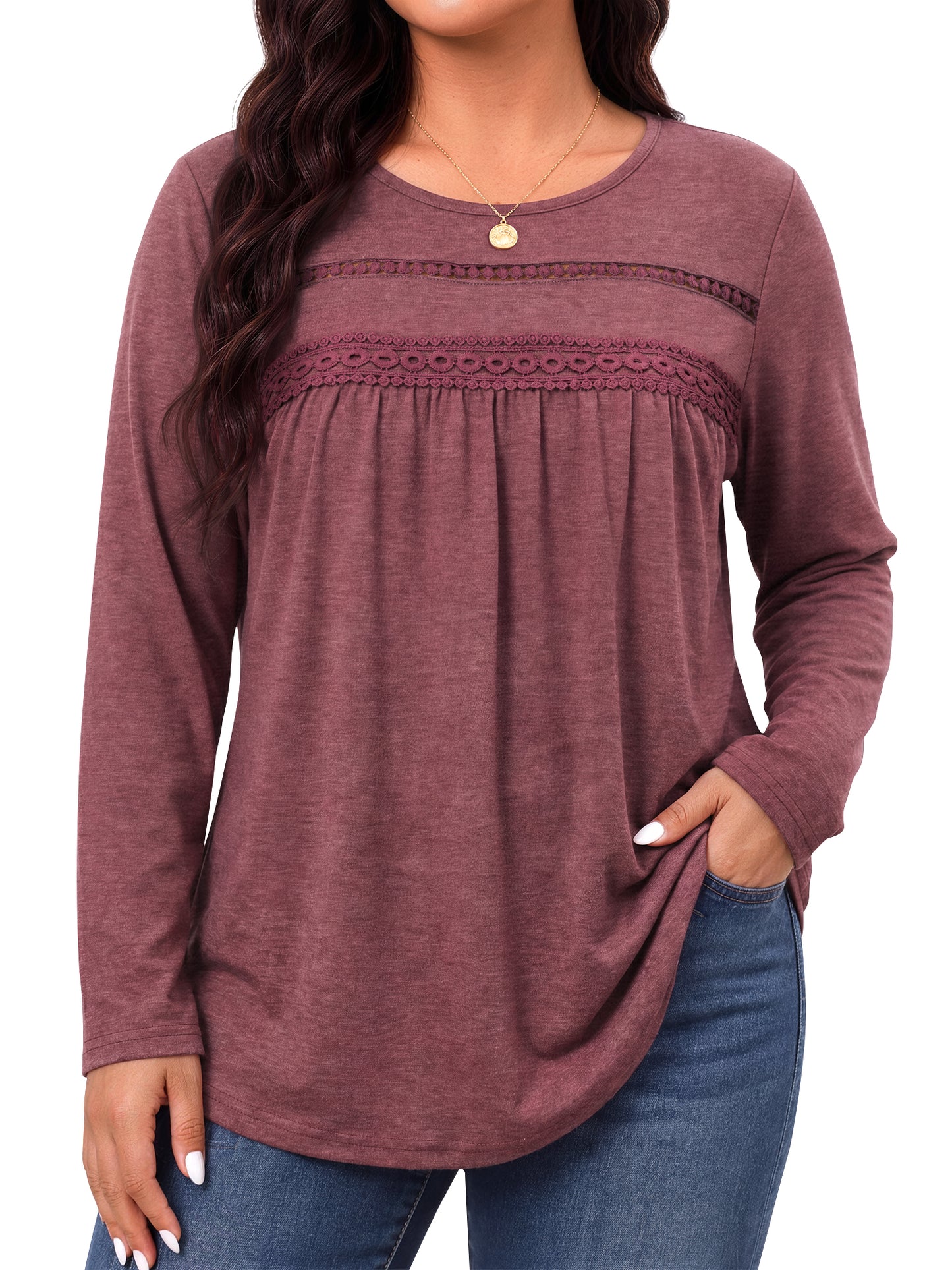 WellSize Plus Size Women Blouses Lace Long Sleeve Boho Tops Crew Neck Fall Shirts Trendy Tunic Blouses